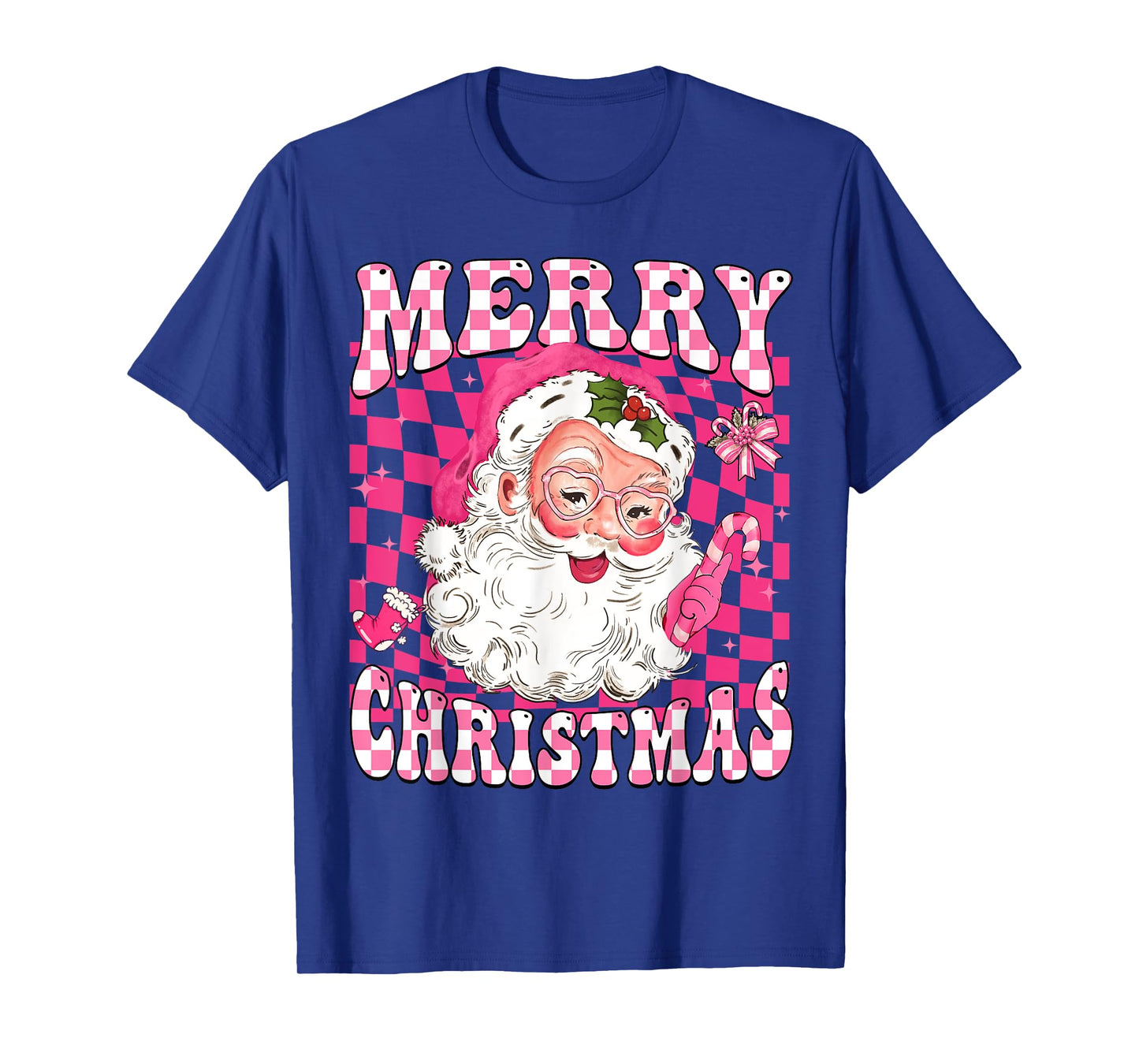 Retro Merry Christmas Vintage Pink Santa Checkered Groovy T-Shirt