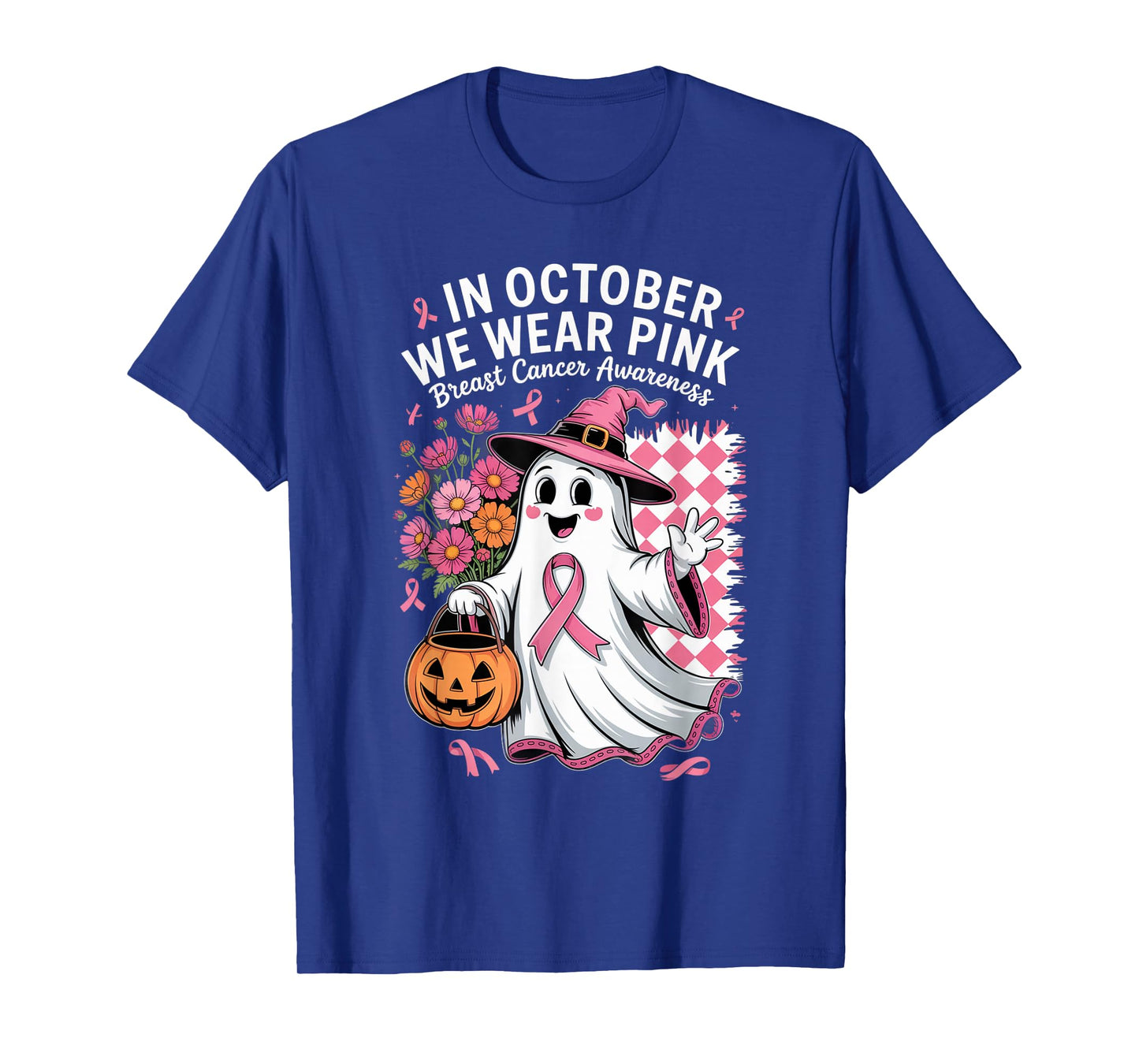 in October We Wear Pink Witchy Ghost Halloween Cool Artwork T-Shirt