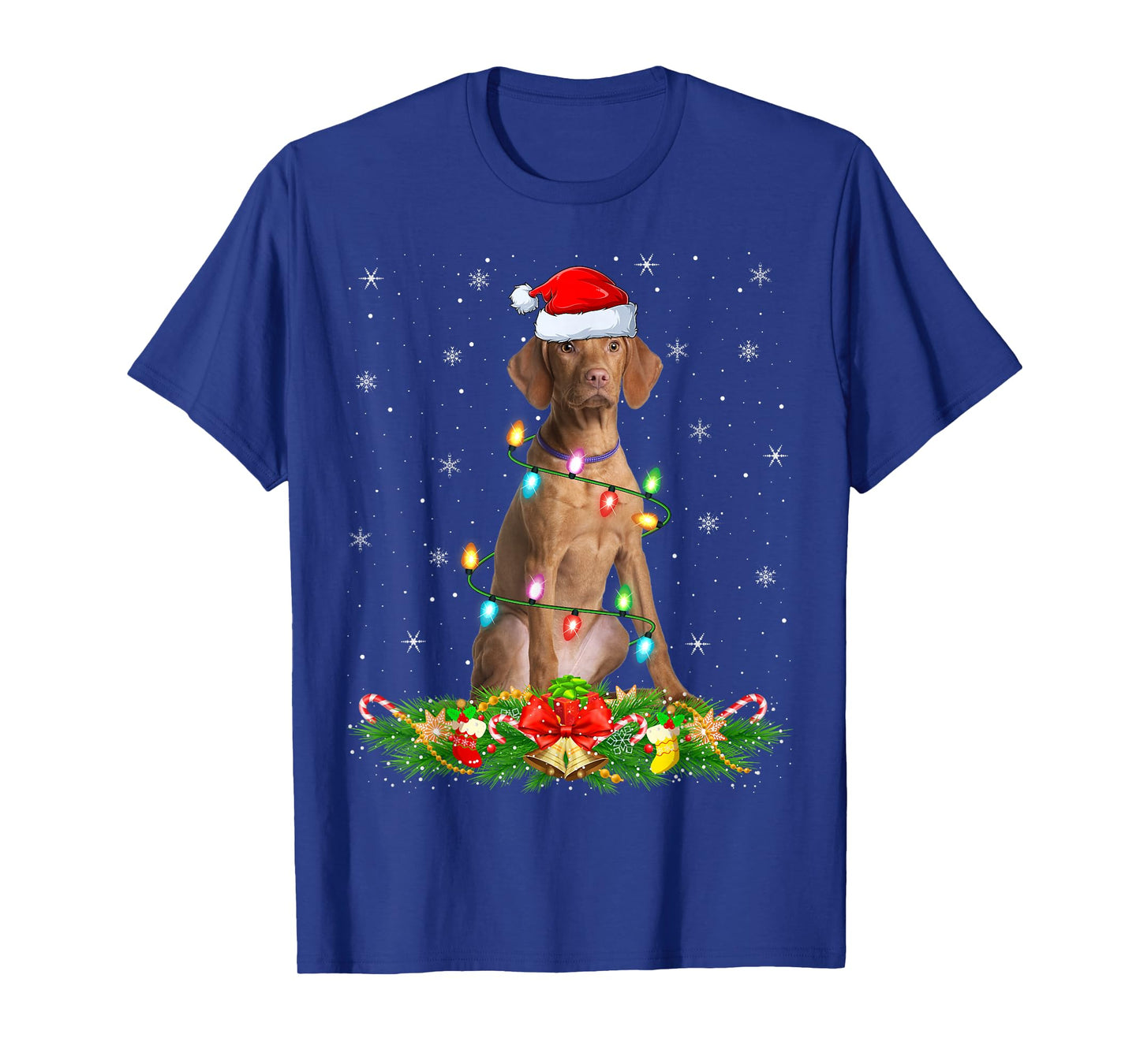 Vizsla Dog Christmas Lights Funny Santa Hat Xmas T-Shirt