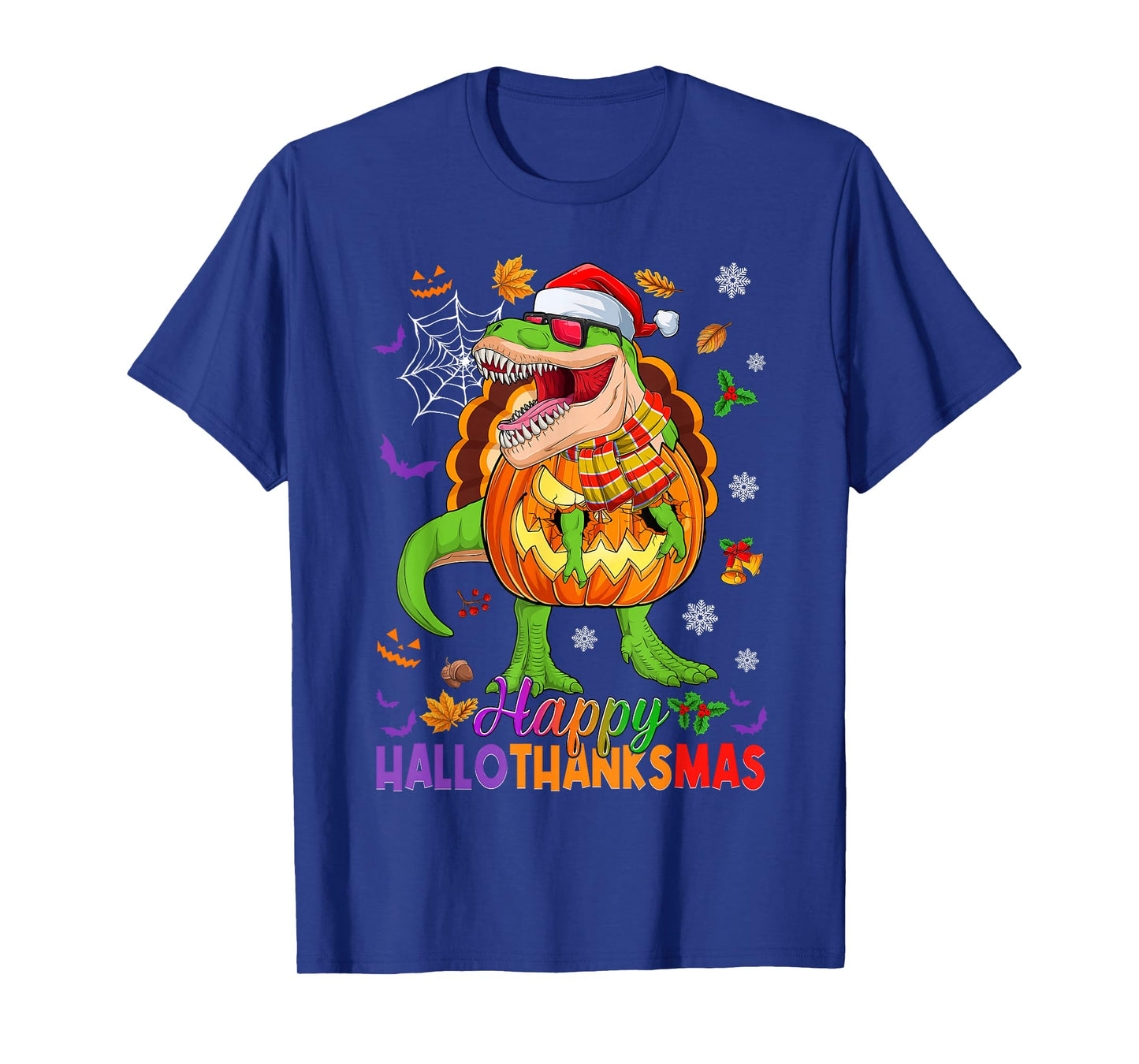 Happy Hallothanksmas T Rex Halloween Thanksgiving Christmas T-Shirt