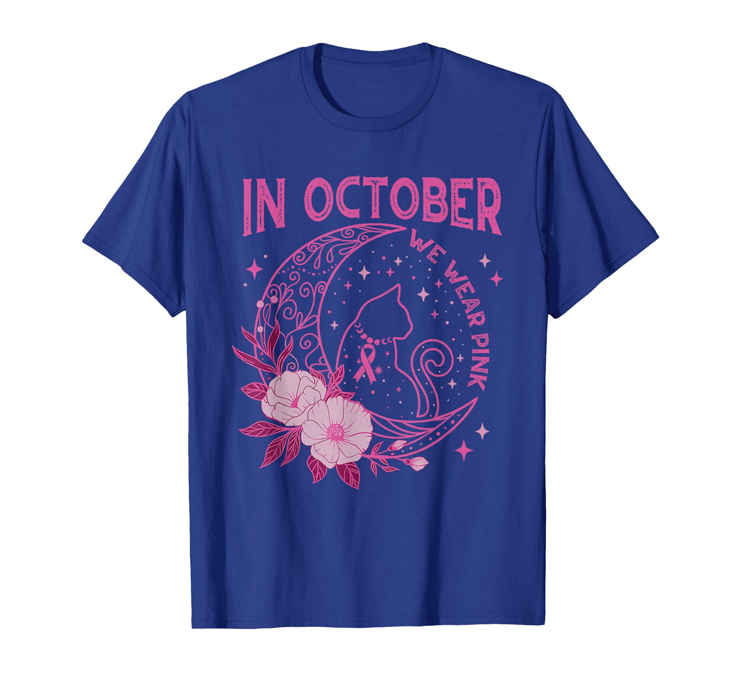 In October We Wear Pink Flower Cat Moon Graphic Tee Women T-Shirt