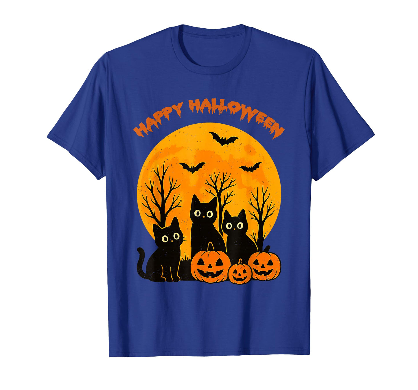 Black Cat Pumpkin Moon Bats Happy Halloween Kitten Lover T-Shirt