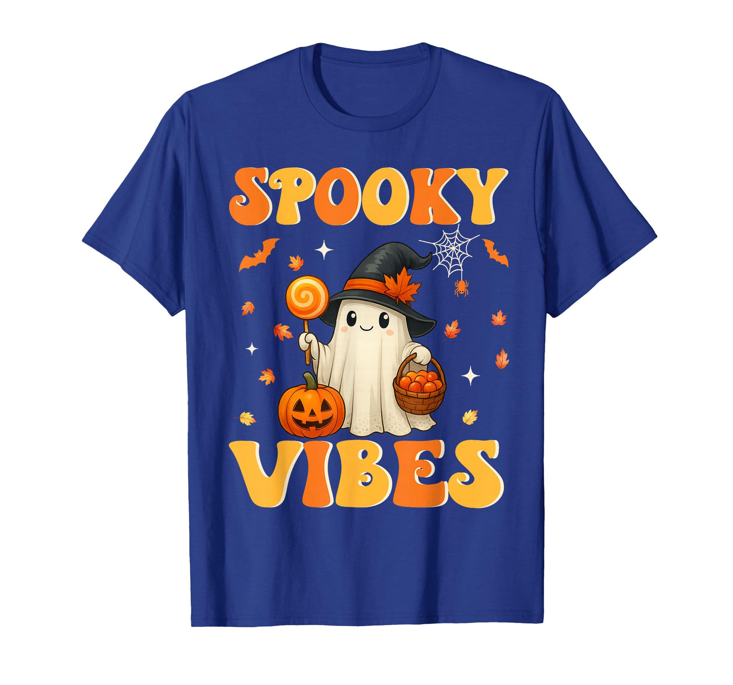 Retro Groovy Spooky Vibes Ghost Holding Pumpkin Halloween T-Shirt