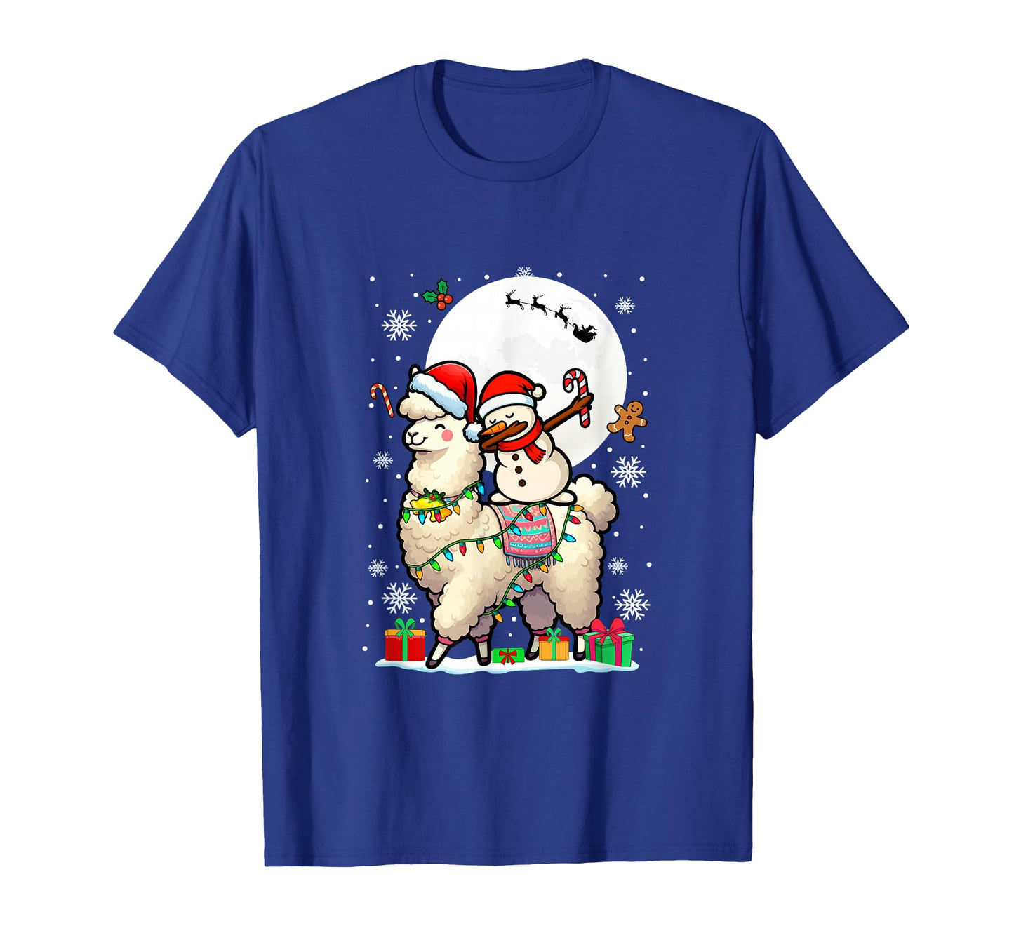 Dabbing Snowman On Llama Christmas Santa Colorful Lights T-Shirt