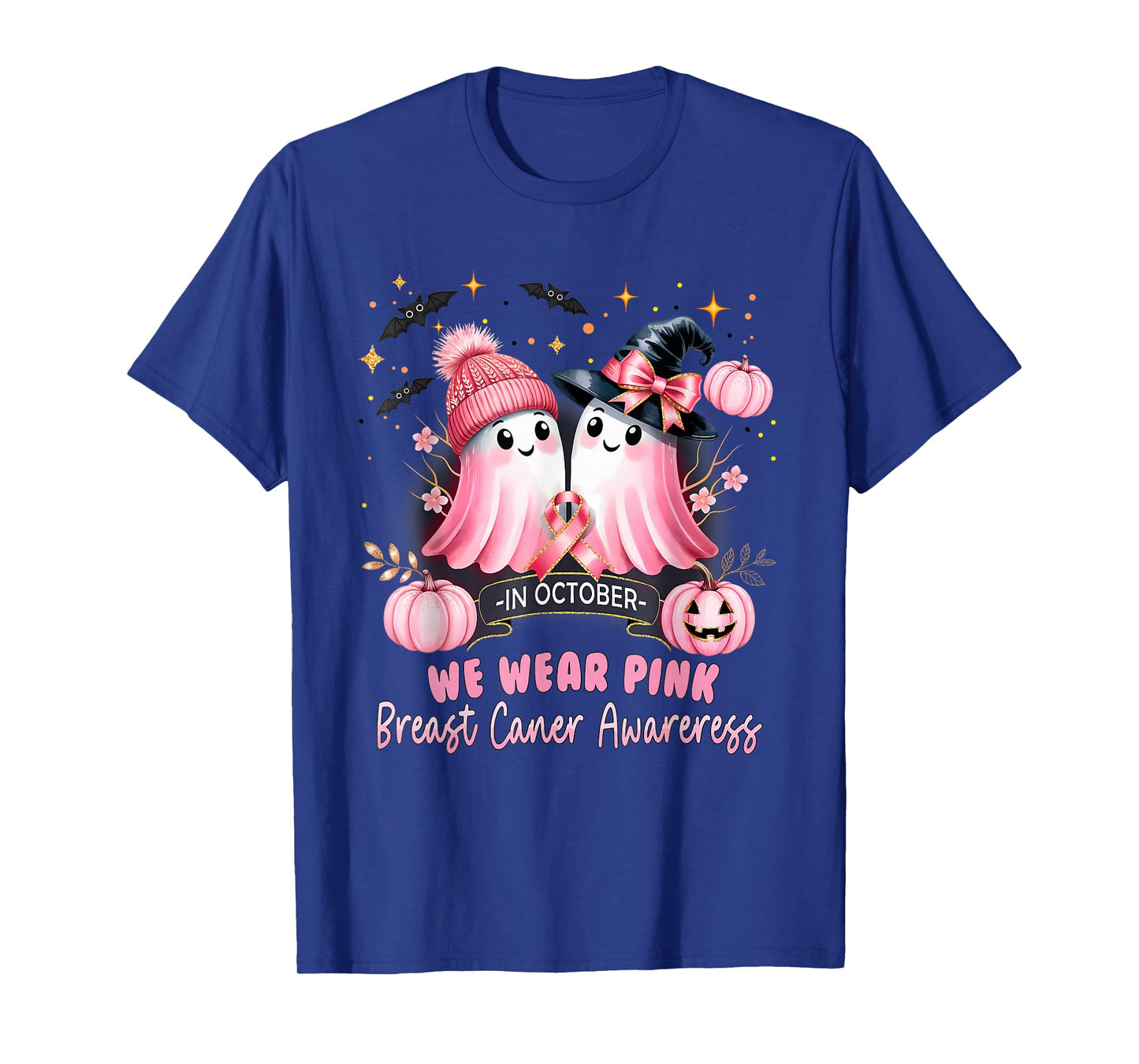in October We Wear Pink Ghost Witch Breast Cancer Awareness T-Shirt