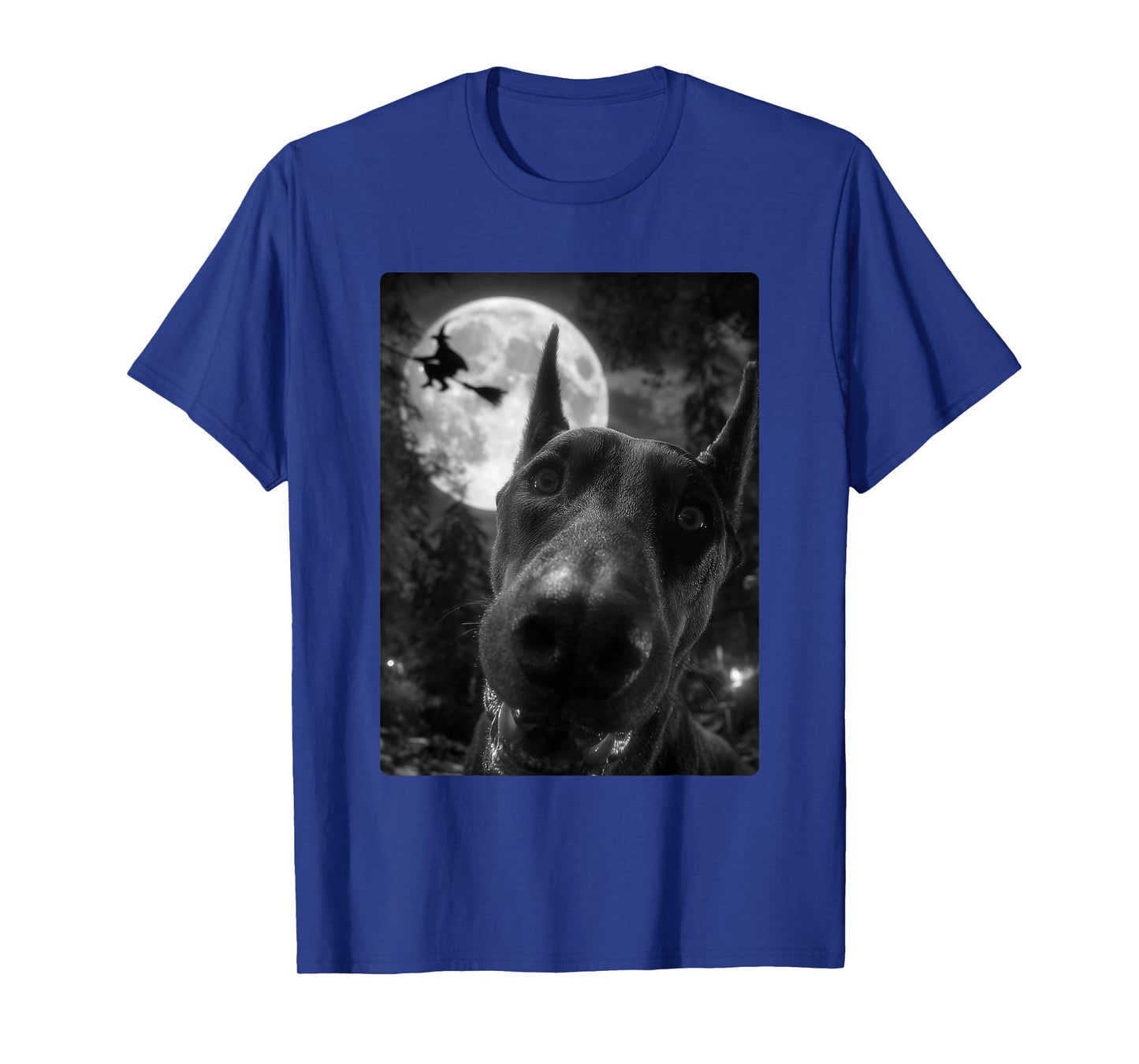Funny Doberman Selfie Full Moon Flying Witch Halloween Dog T-Shirt