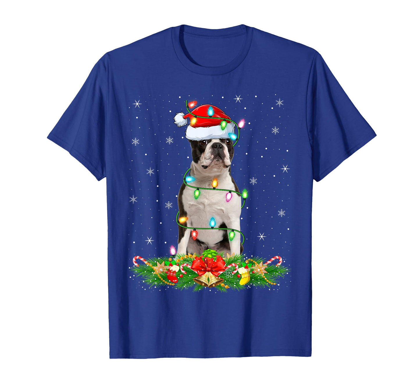 Boston Terrier Dog Christmas Lights Funny Santa Hat Xmas T-Shirt