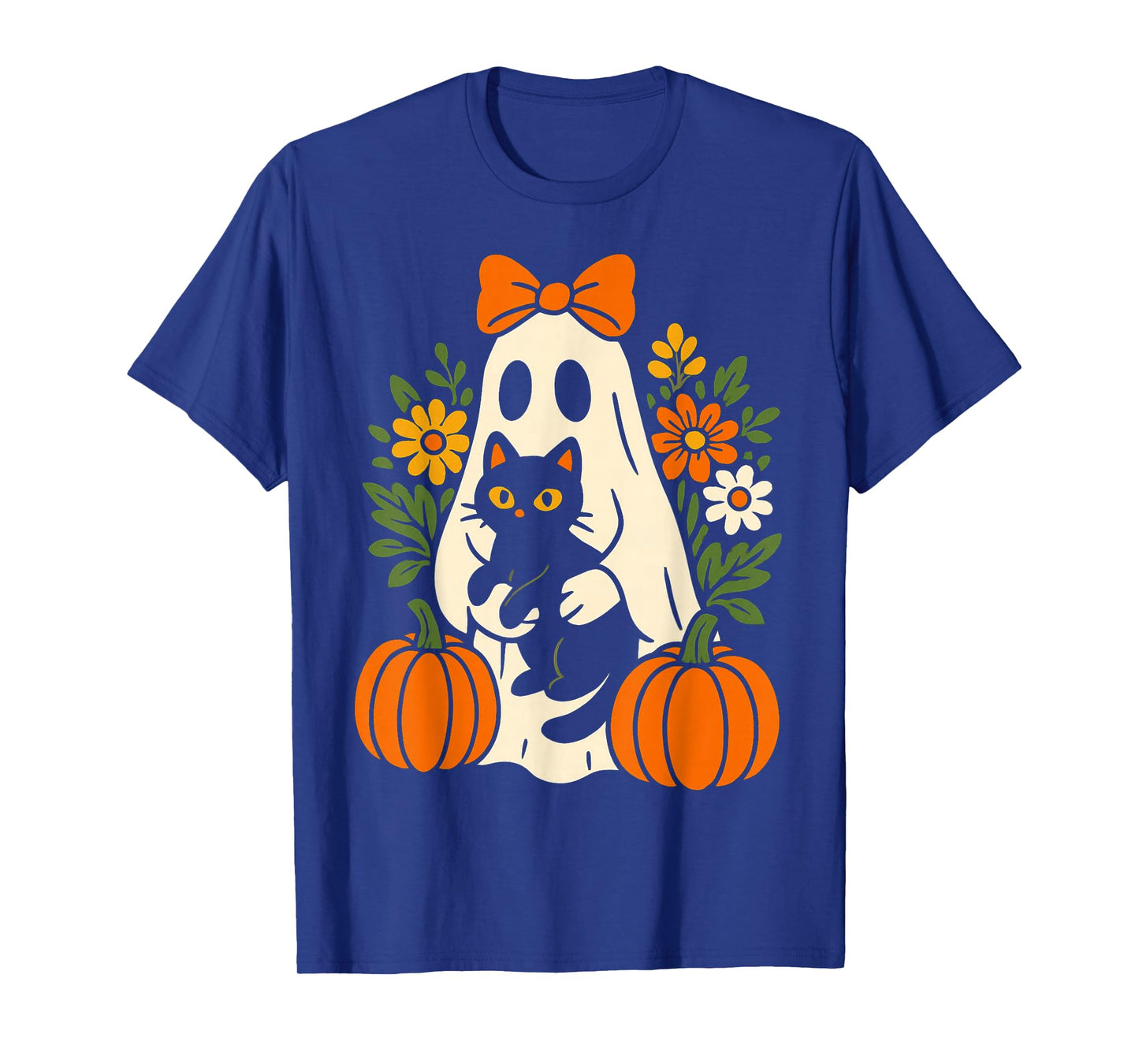 Vintage Groovy Floral Ghost Holding Black Cat Halloween T-Shirt