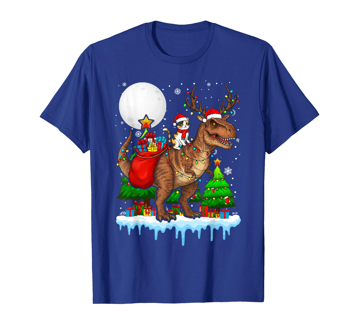 Cat Santa Hat Riding Dinosaur T rex Moon Christmas Xmas T-Shirt