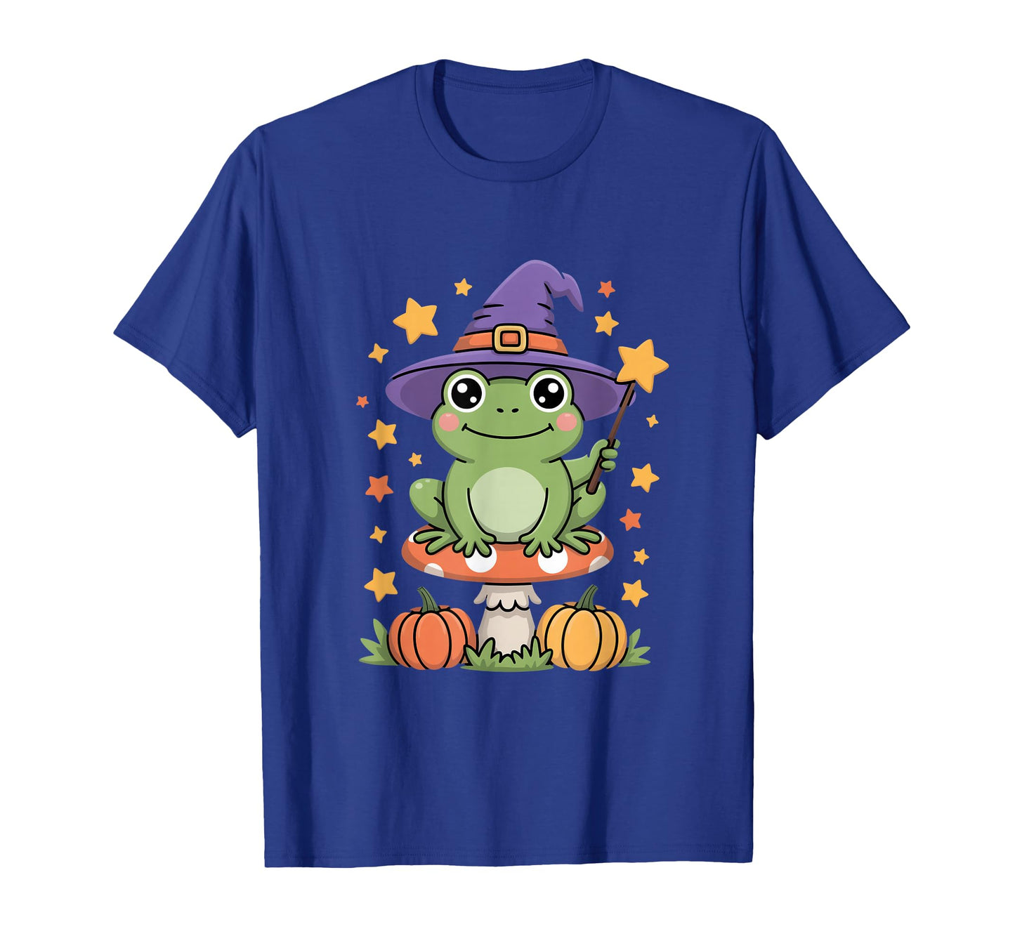 Cute Frog Witch On Mushroom with Pumpkins and Stars T-Shirt