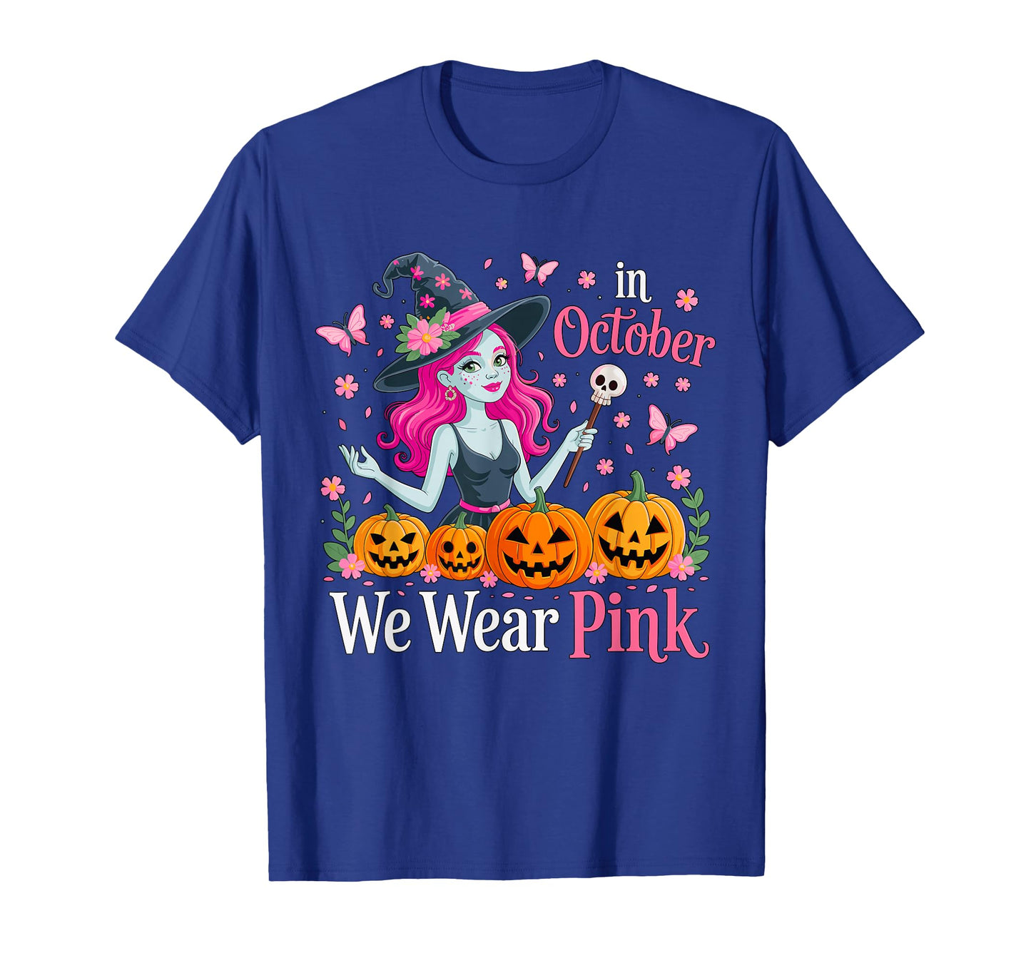 in October We Wear Pink Breast Cancer Witch Halloween T-Shirt
