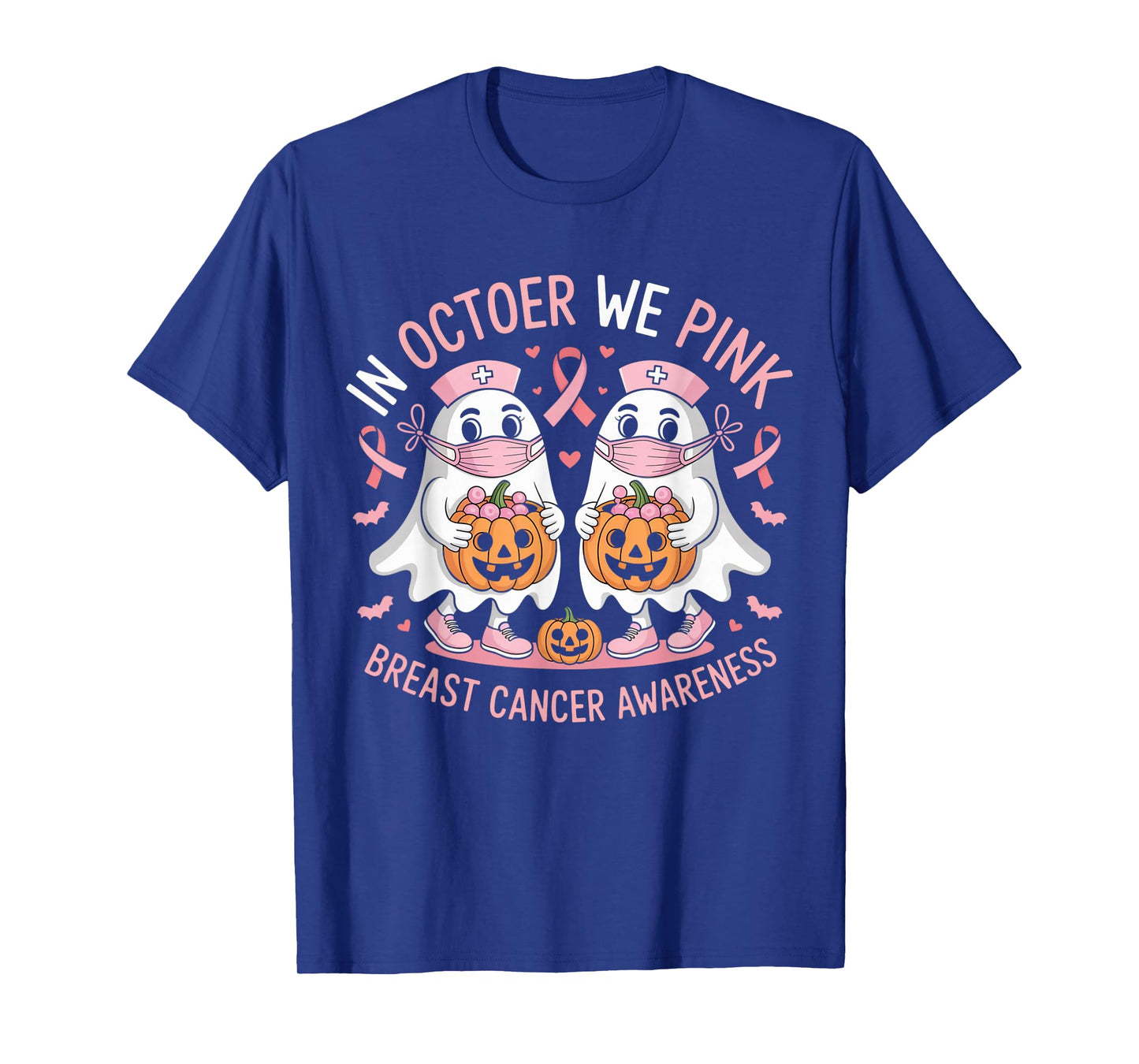 in October We Wear Pink Ghost Witch Breast Cancer Awareness T-Shirt