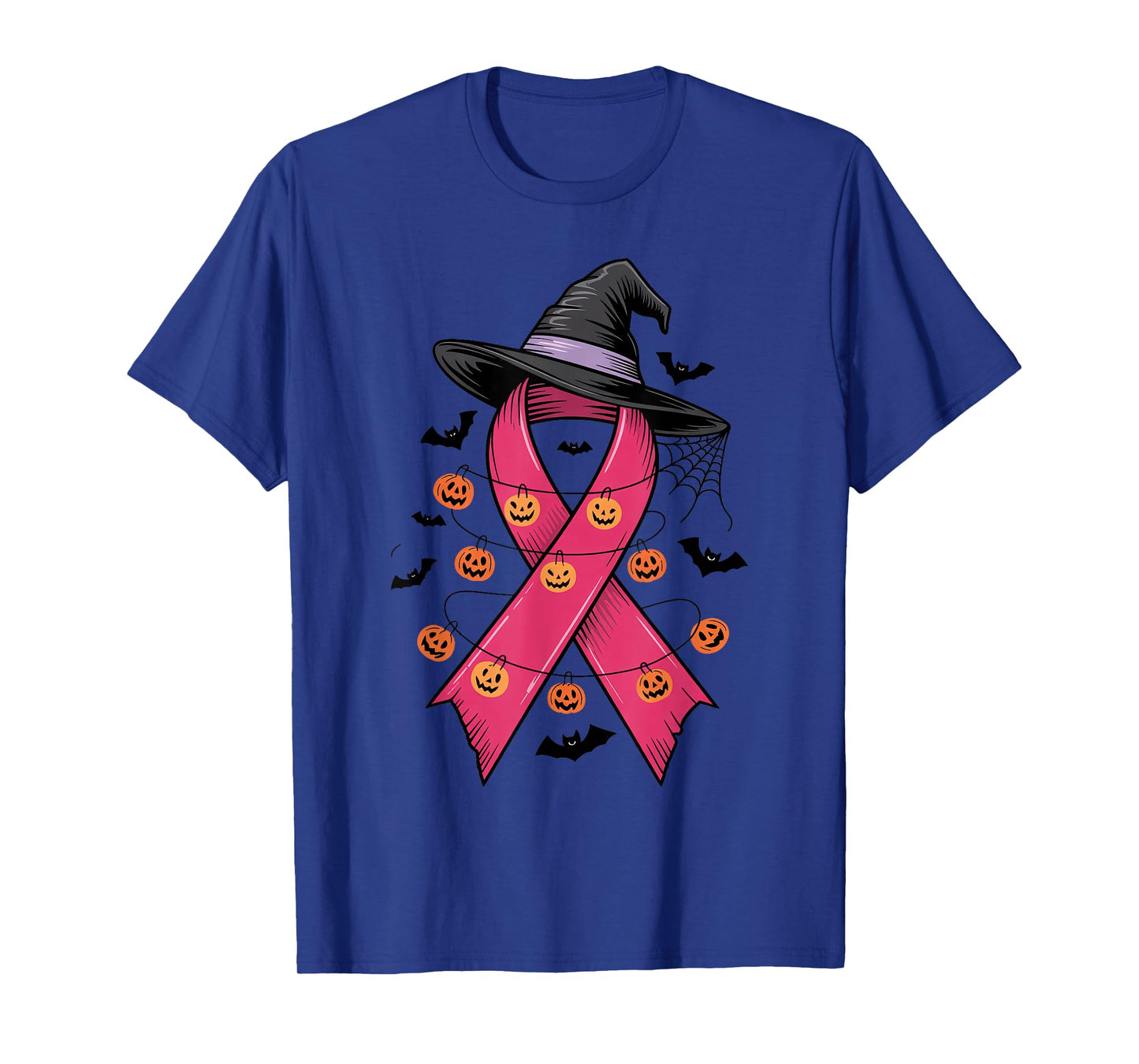 Pink Ribbon Witch Hat Halloween Pumpkins Bats Breast Cancer T-Shirt