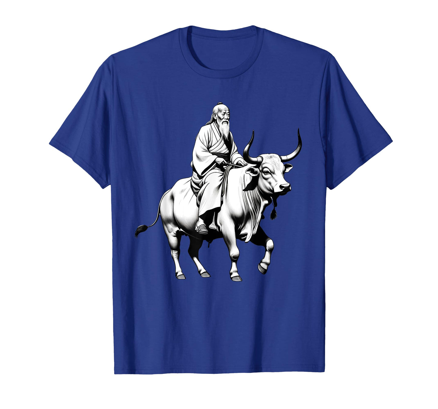 Vintage Spiritual Design Lao Tzu Riding An Ox, Tao Te Ching Unisex-Adults, Unisex-Kids Grey Short Sleeve Classic Fit Polyester T-Shirt