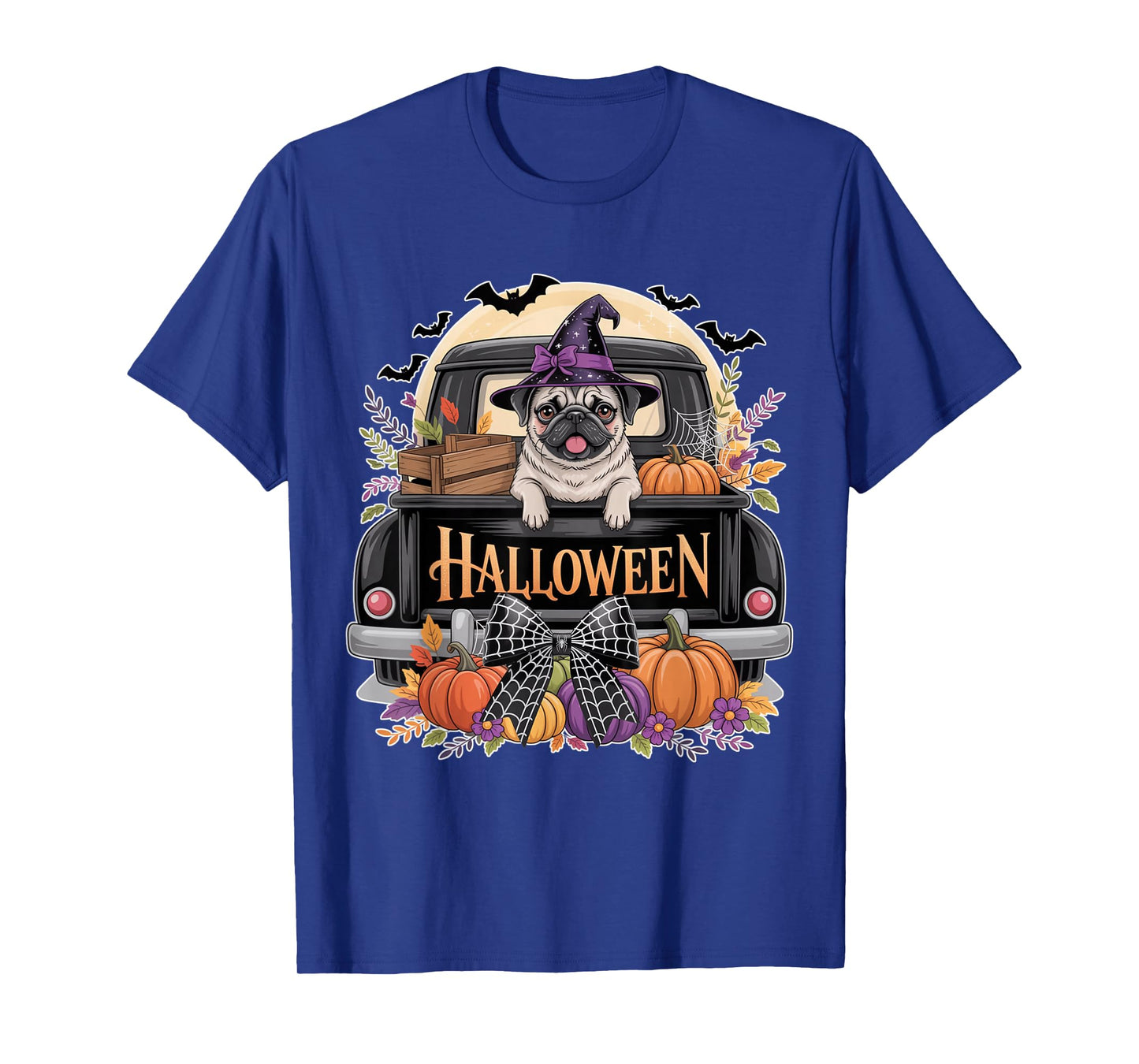 Funny Pug Witch Hat Truck Pumpkin Dog Lovers Halloween T-Shirt