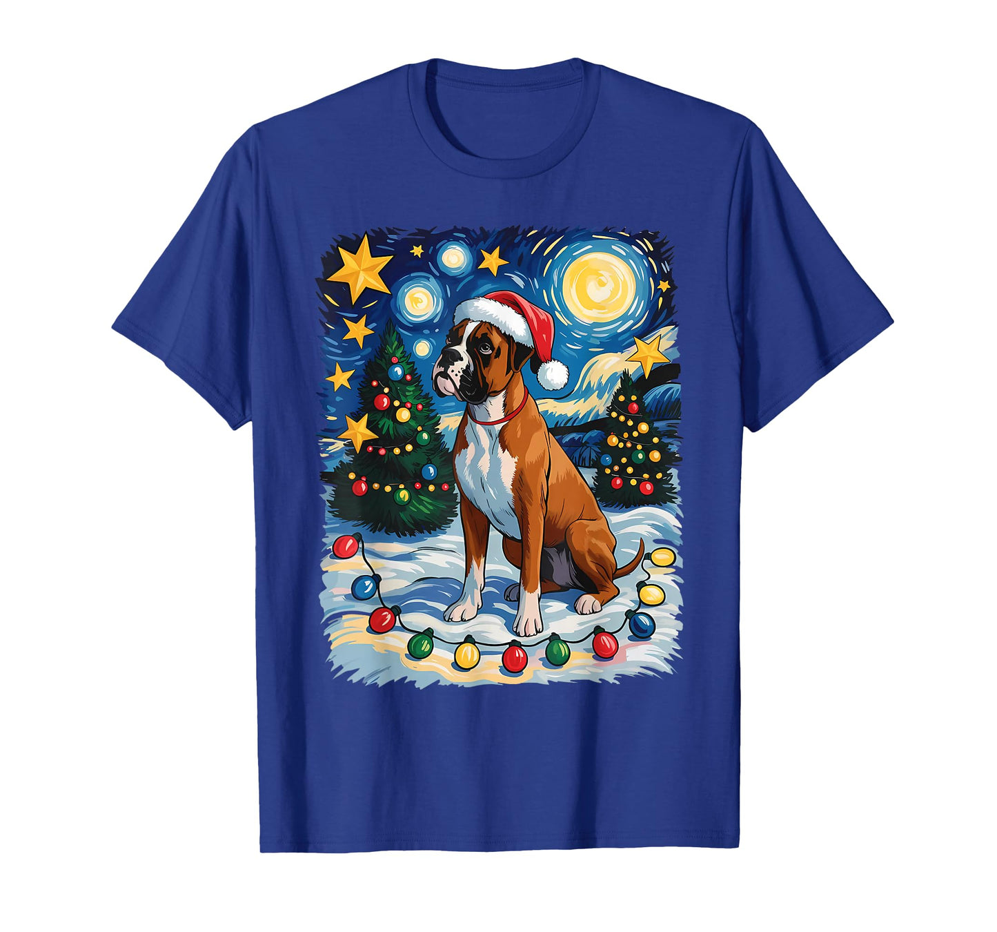 Christmas Boxer Dog Santa Hat Van Gogh Style Starry Night T-Shirt