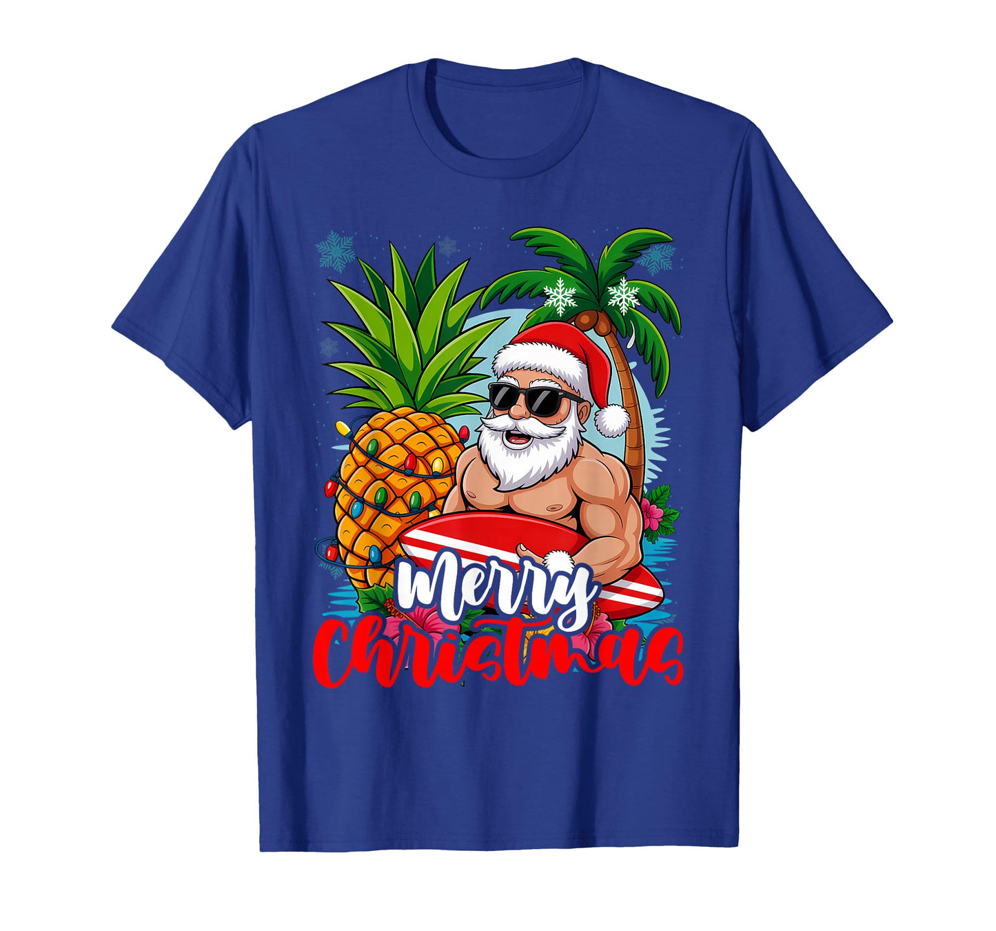 Merry Christmas Xmas Lights Santa Surfing Hawaiian Pineapple T-Shirt