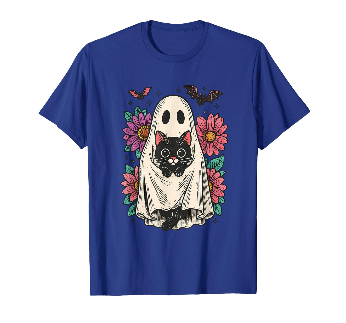 Vintage Halloween Ghost Holding Black Cat Groovy Floral T-Shirt