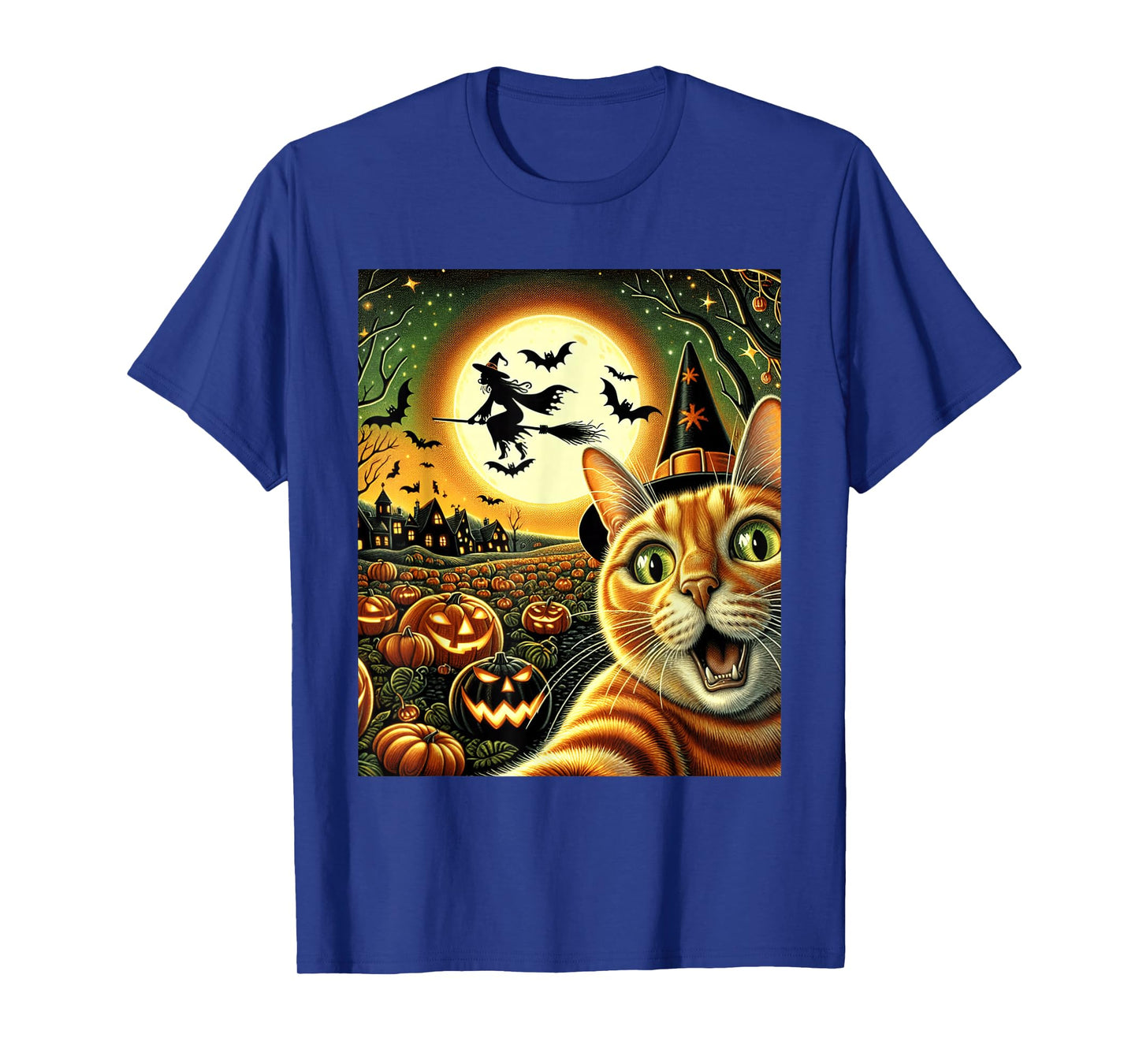 Selfie Cat Halloween Night, Pumpkins, Bats Magic T-Shirt