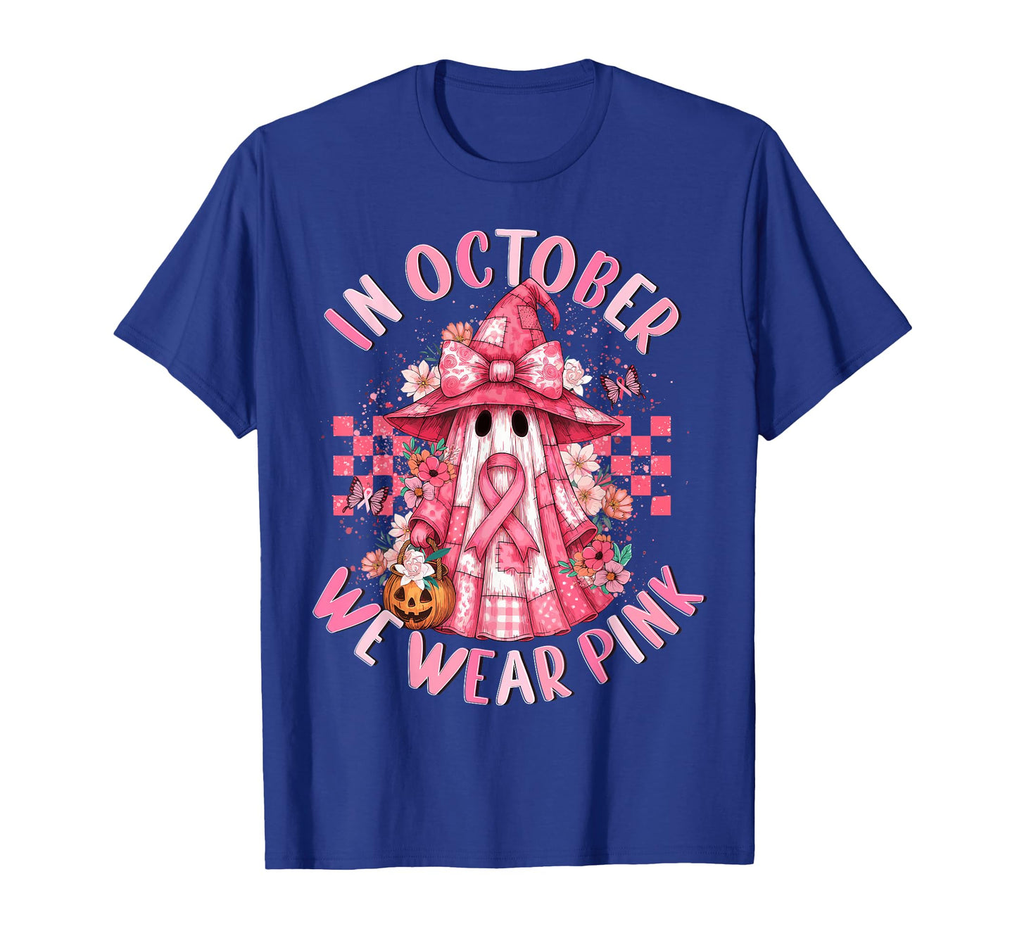 in October We Wear Pink Ghost Witch Breast Cancer Awareness T-Shirt