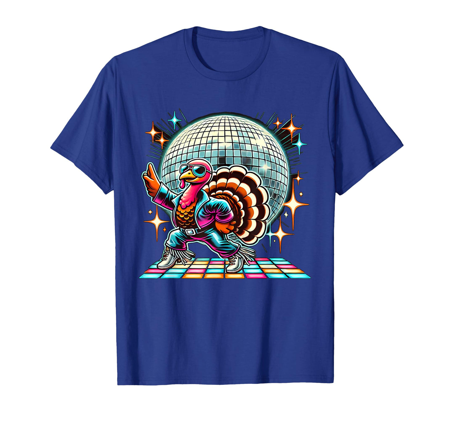 Disco Turkey Halloween Tees Unisex-Adult Black Cartoon Turkey Disco T-Shirt Small Straight Short Sleeve T-Shirt