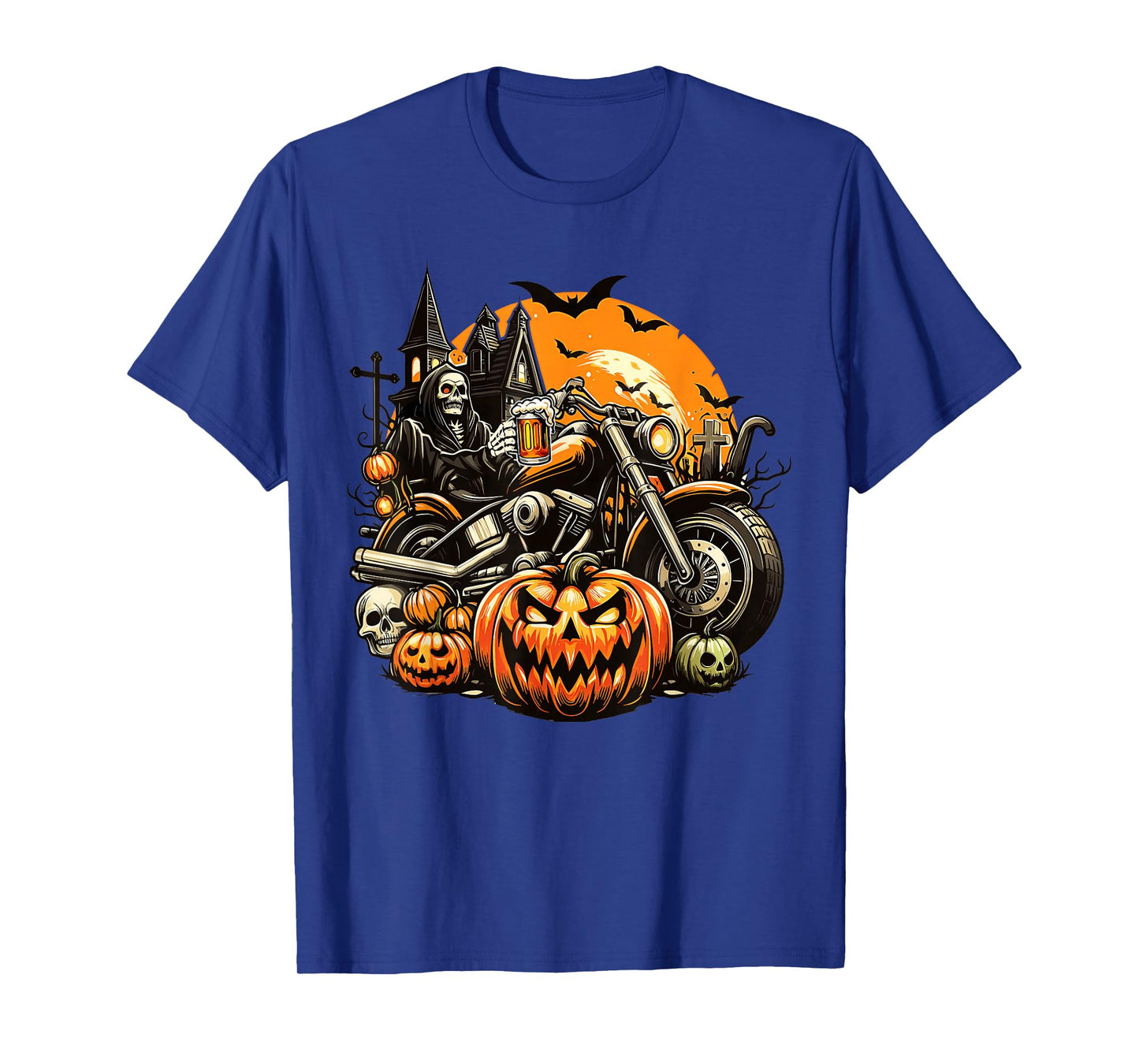 Skeleton Drinking Beer On Motorcycle Halloween Pumpkins T-Shirt