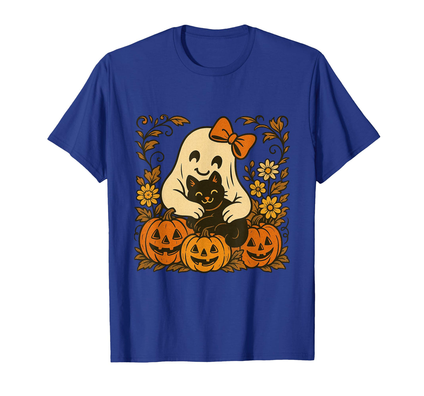 Vintage Halloween Ghost Holding Black Cat Groovy Floral T-Shirt