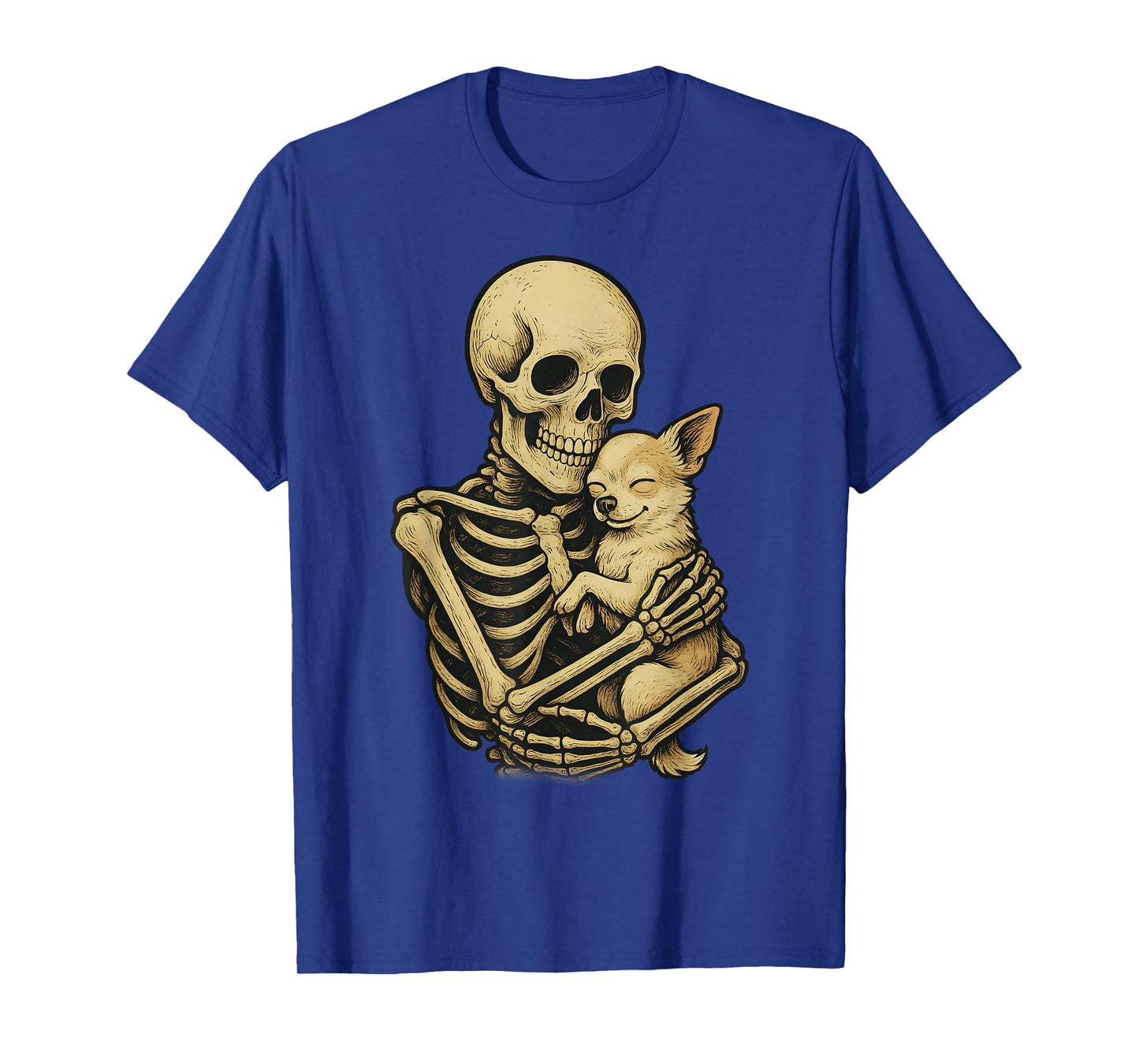 Skeleton Hugging Dog Chihuahua Funny Halloween T-Shirt