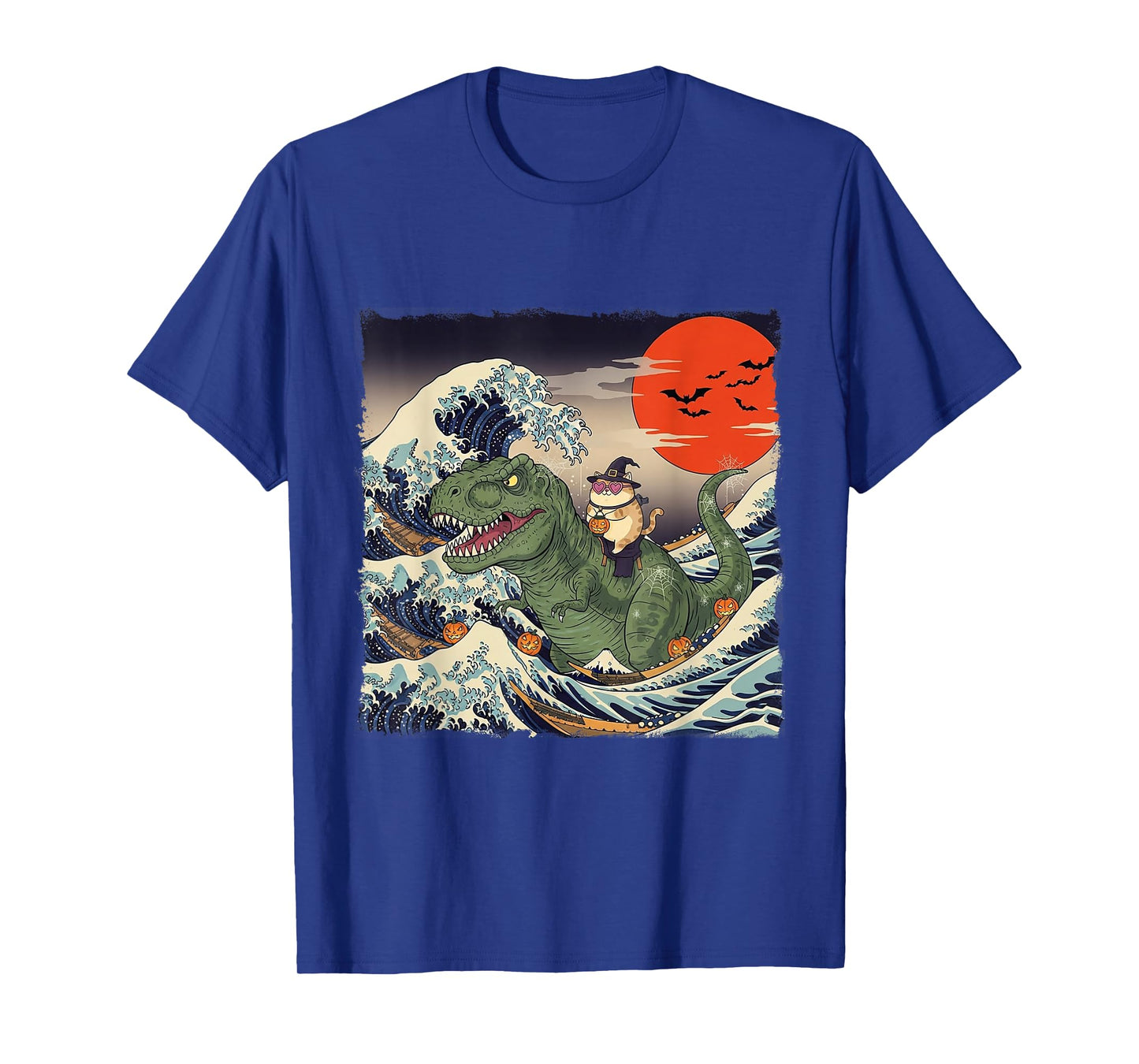 Funny Halloween Cat Riding Dinosaur Spooky Ukiyo-e Wave T-Shirt