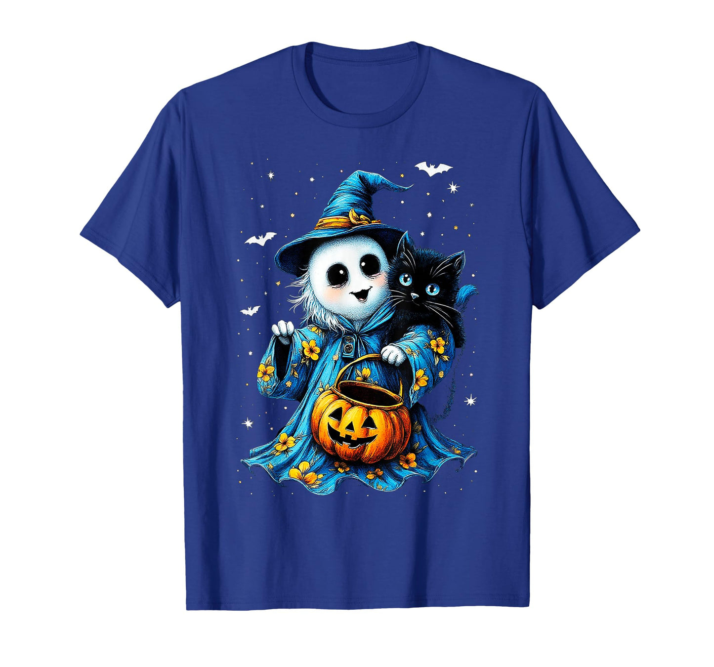 Ghost Holding Black Cat Lover Halloween 2025 Groovy Floral T-Shirt