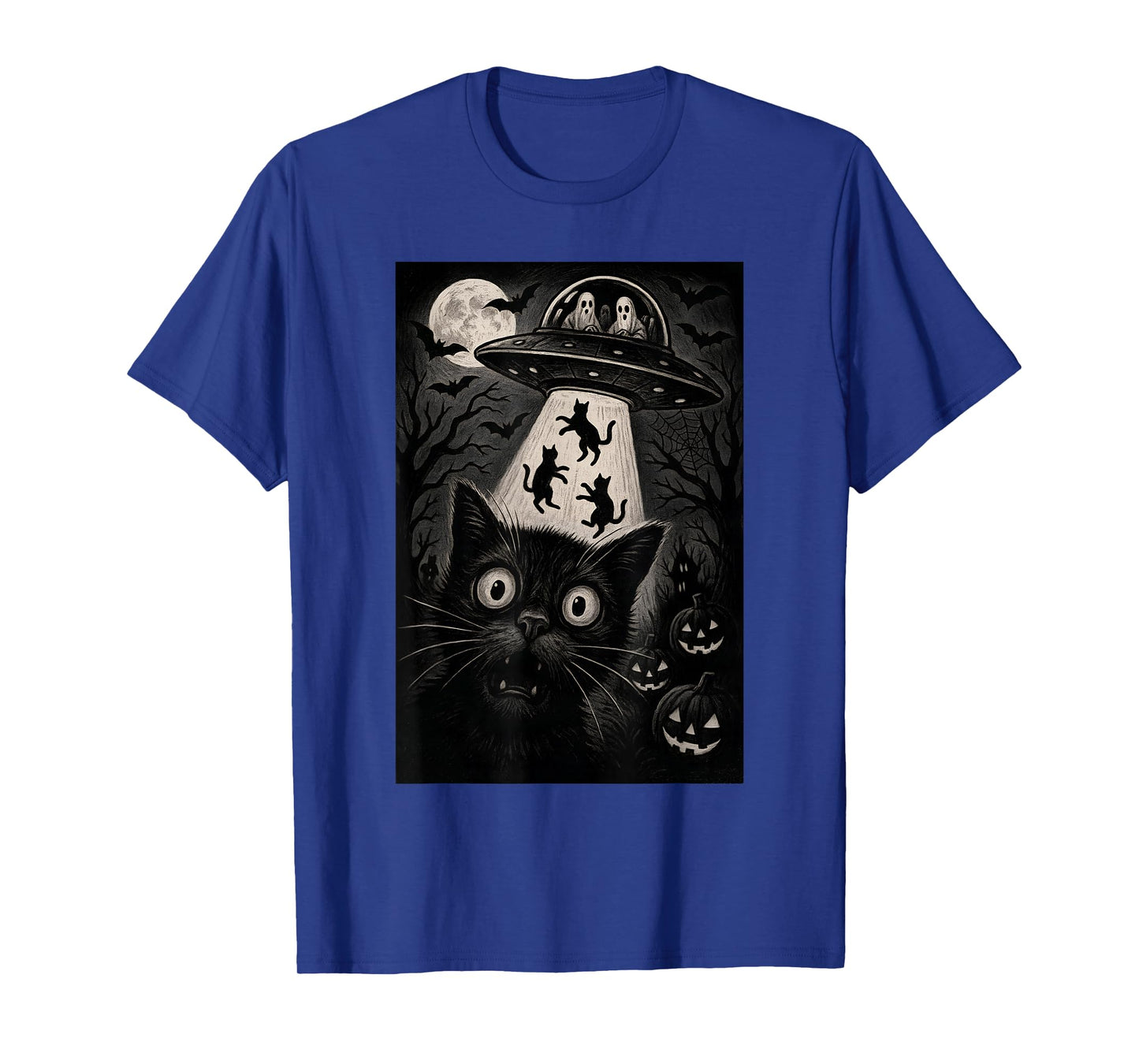 Halloween Cat Selfie Scary Alien Abduction Cats UFO Flying T-Shirt