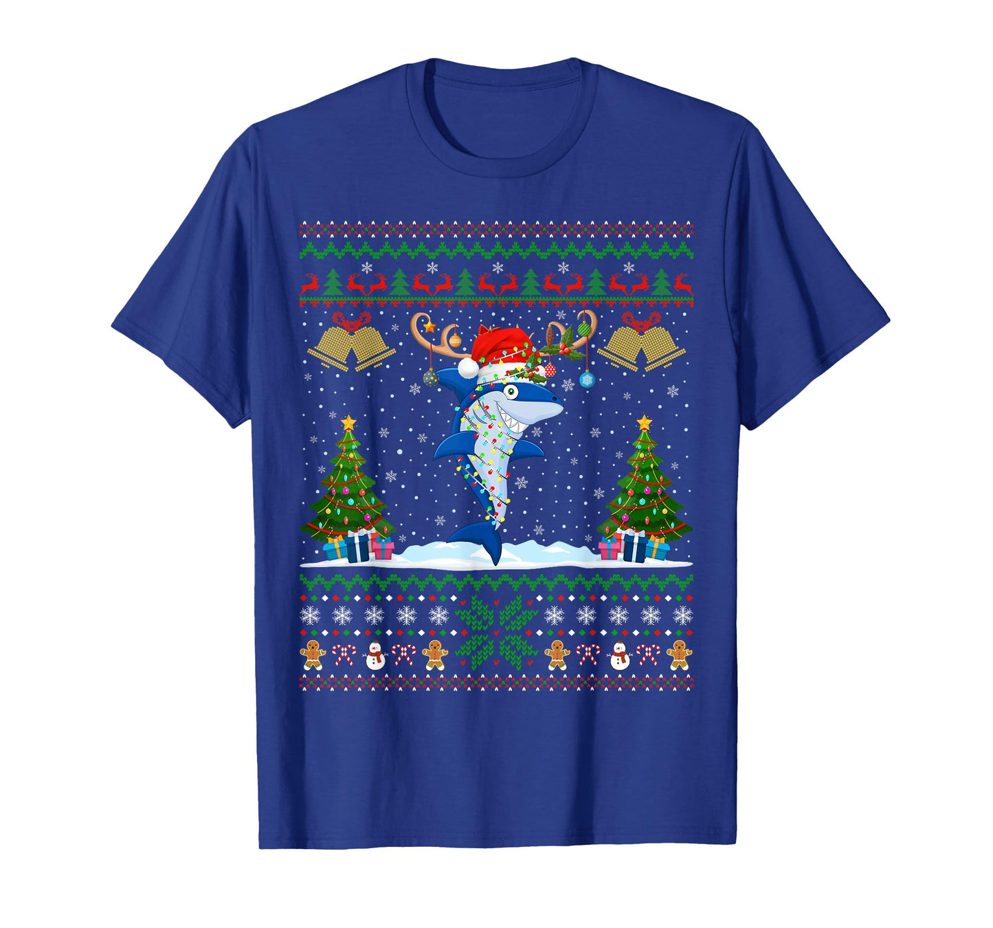 Ugly Xmas Sweater Reindeer Santa Hat Lights Shark Christmas T-Shirt