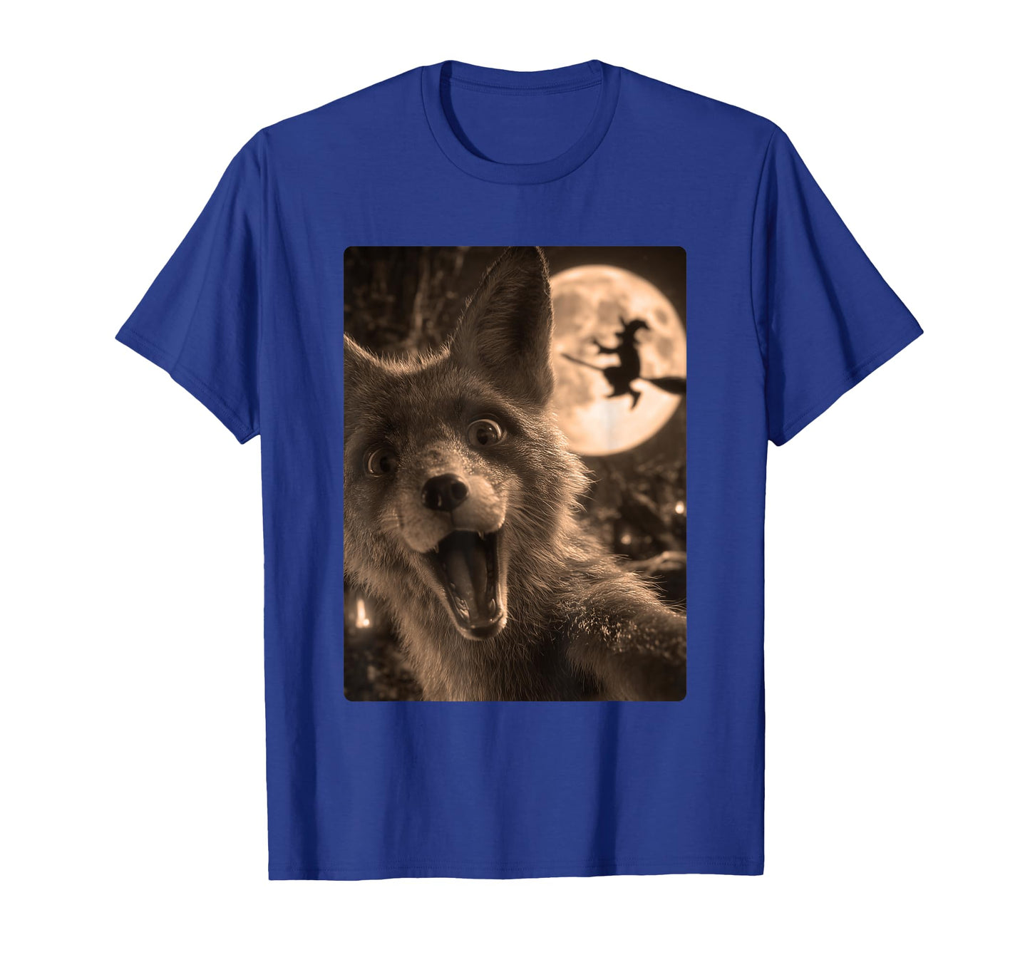 Funny Fox Selfie Full Moon Flying Witch Forest Halloween T-Shirt