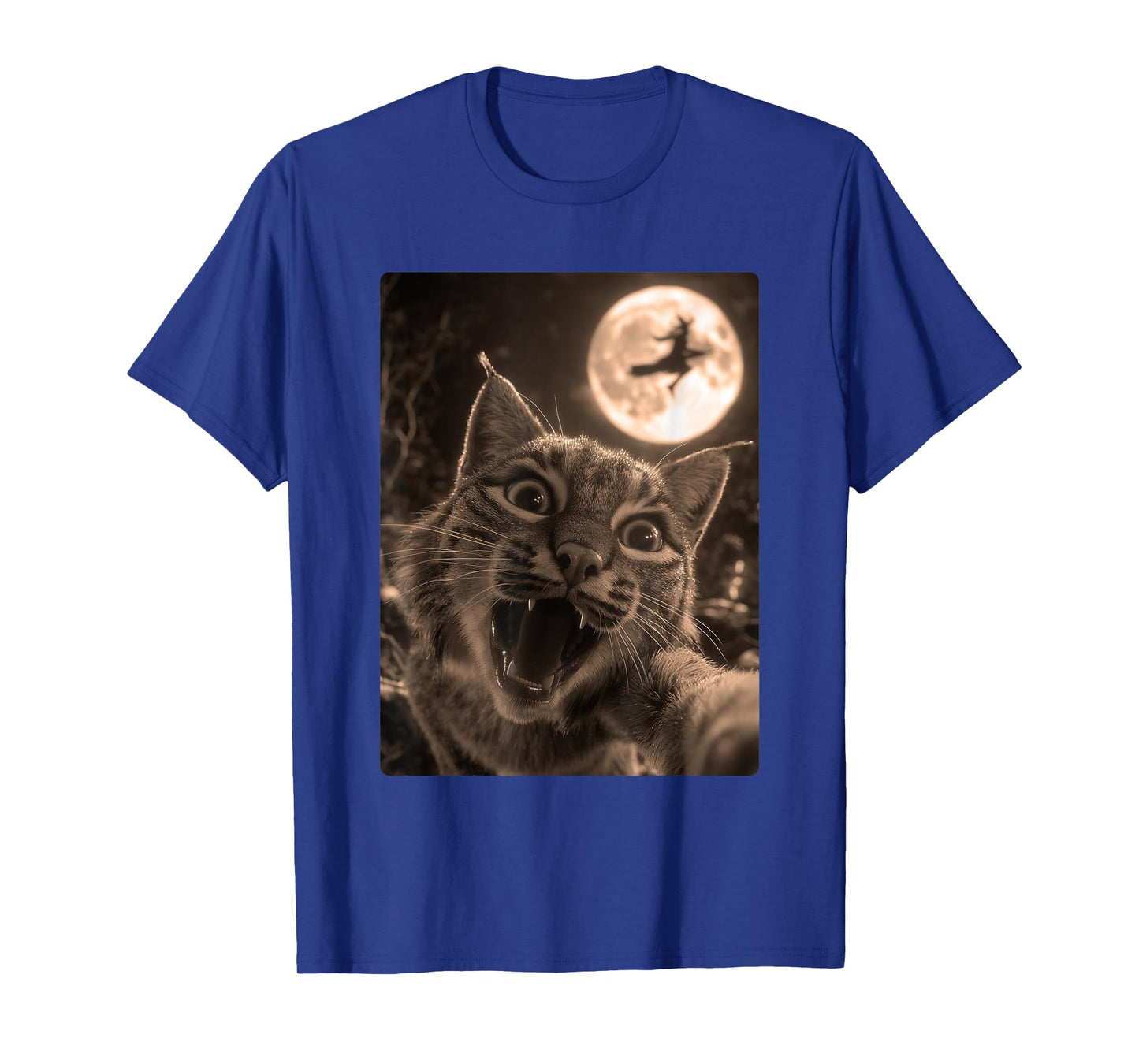 Funny Bobcat Selfie Full Moon Flying Witch Forest Halloween T-Shirt