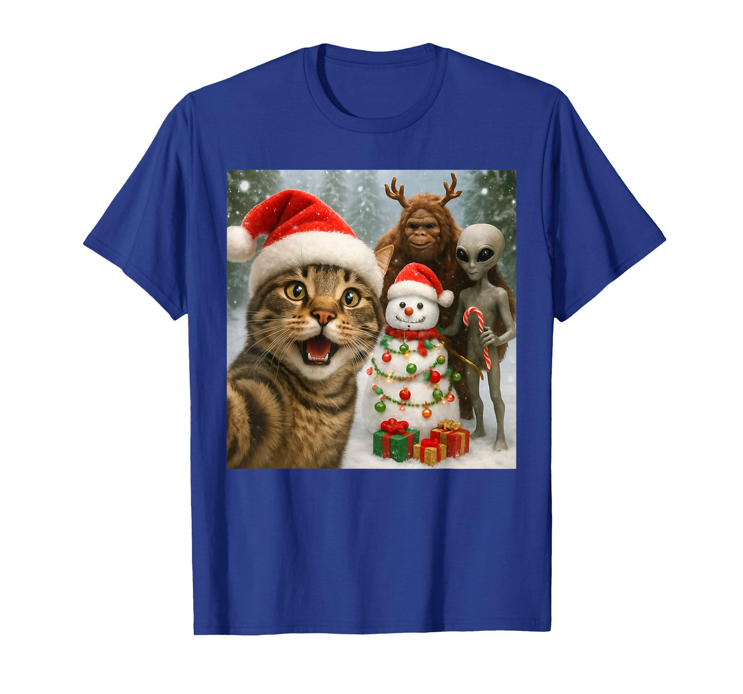 Funny Christmas Cat Selfie with Bigfoot Alien & Snowman T-Shirt