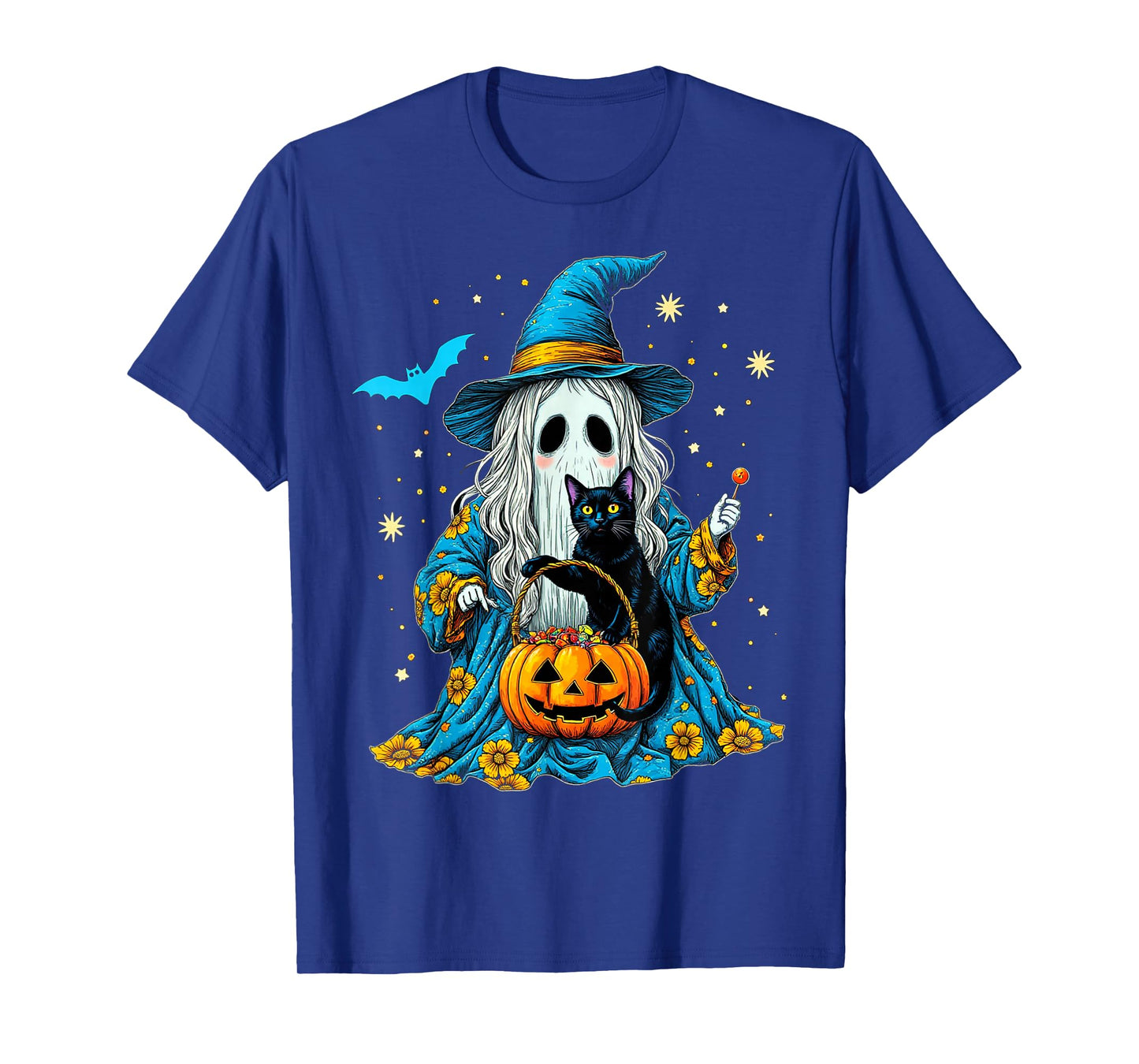 Ghost Holding Black Cat Lover Halloween 2025 Groovy Floral T-Shirt