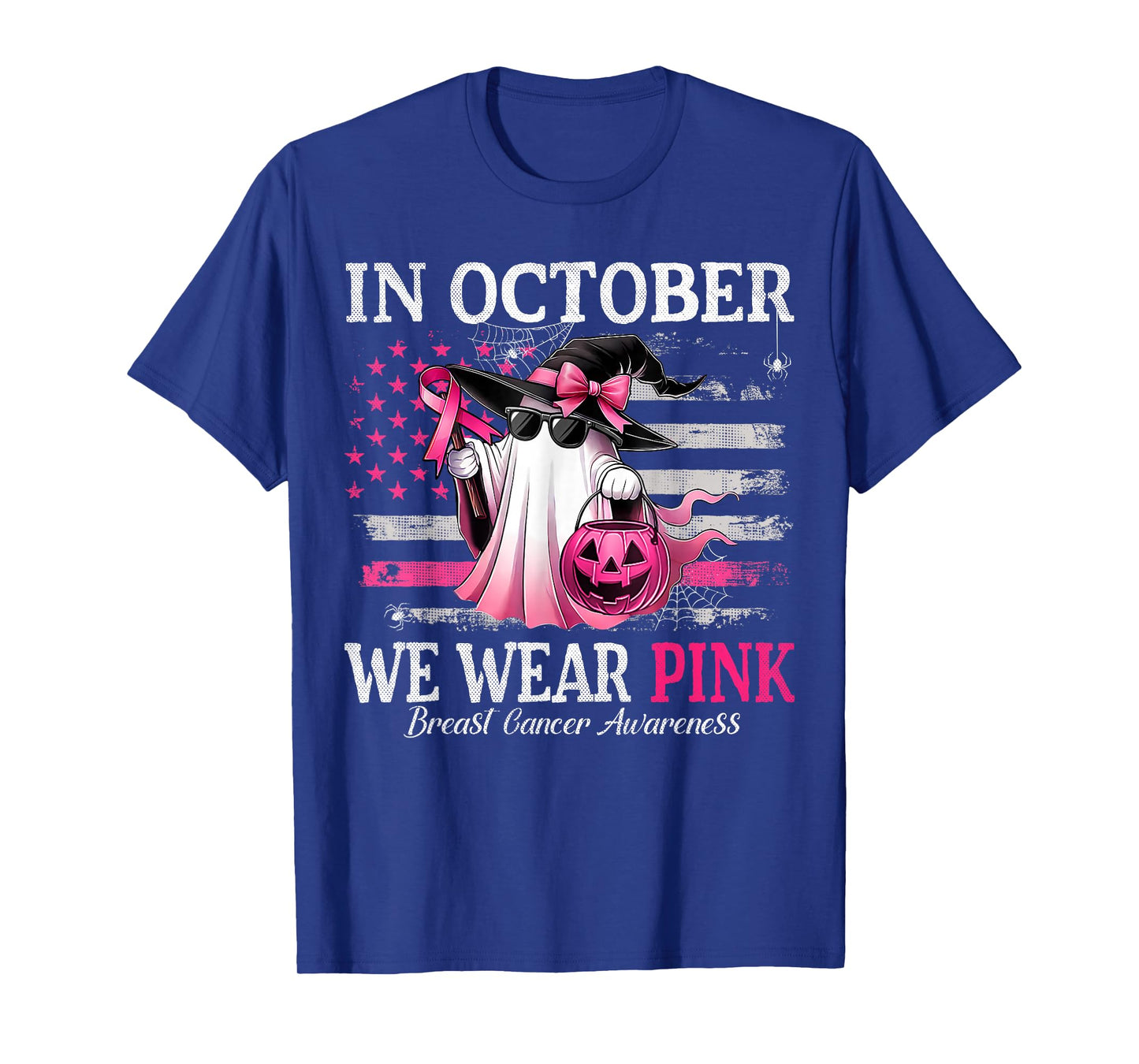 in October We Wear Pink Ghost Witch Breast Cancer Awareness T-Shirt