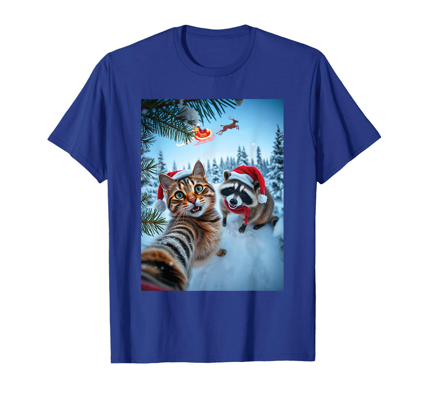 Funny Christmas Santa Raccoon Cat Selfie for Men Women T-Shirt