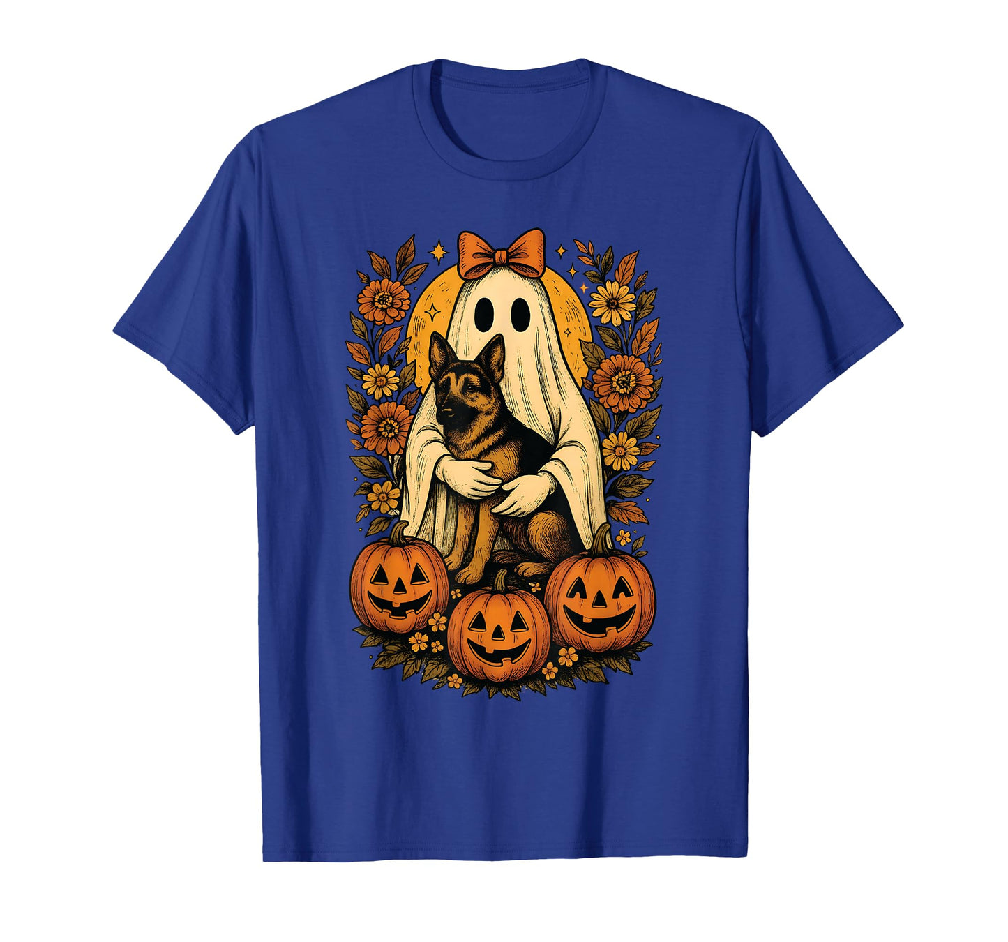 Vintage Halloween Ghost Holding German Shepherd Dog T-Shirt