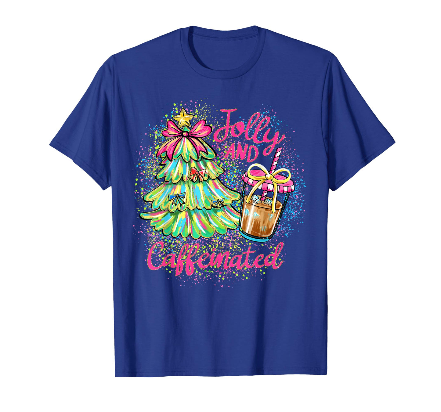 Jolly and Caffeinated Christmas Tree Coquette Bow Coffee T-Shirt