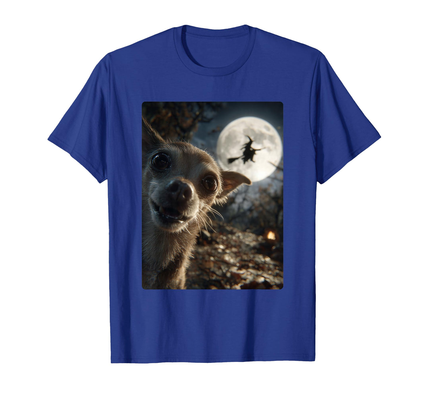 Funny Chihuahua Selfie Full Moon Flying Witch Halloween Dog T-Shirt