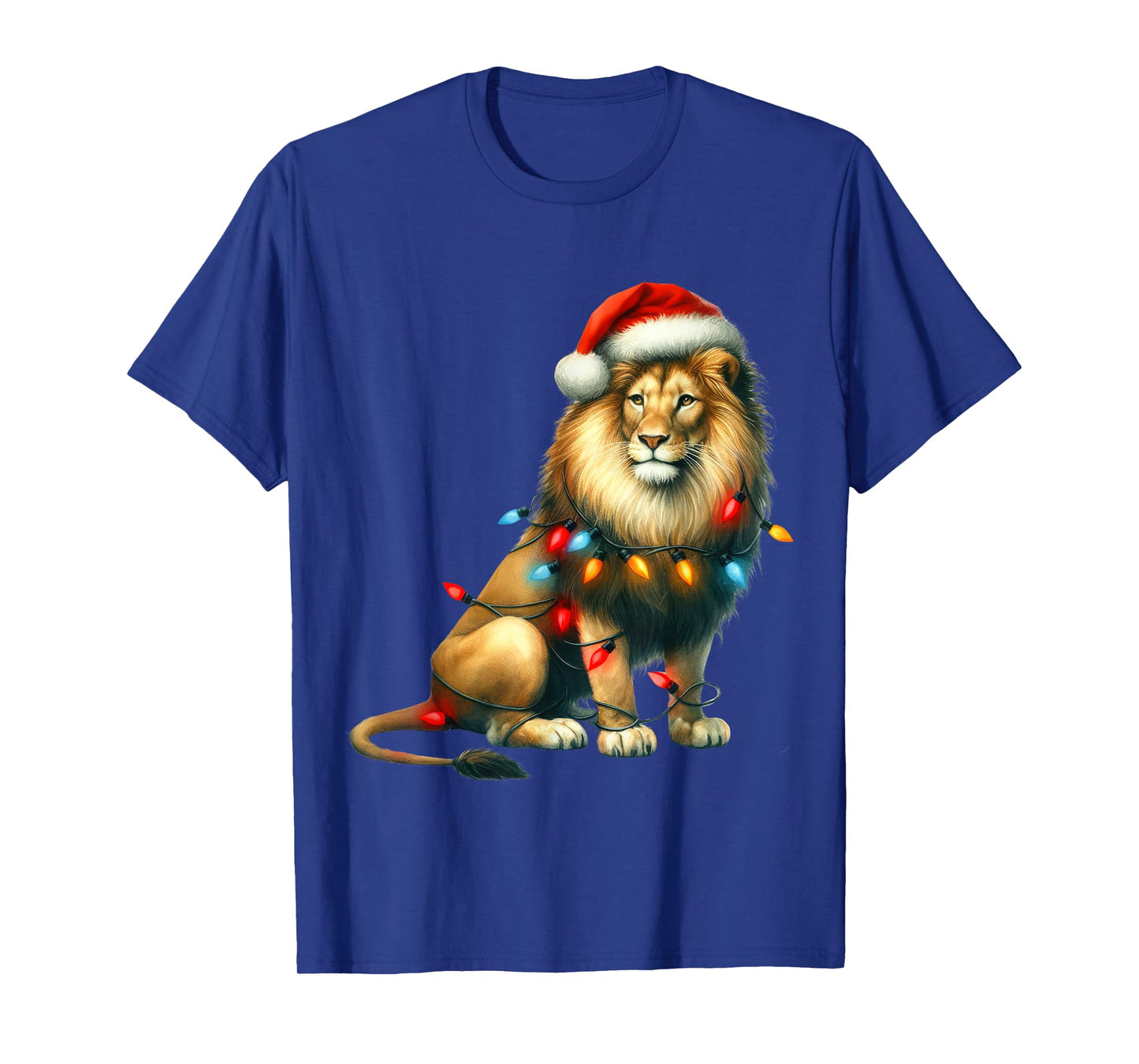 Lion Christmas Lights Funny Santa Hat Merry Xmas T-Shirt