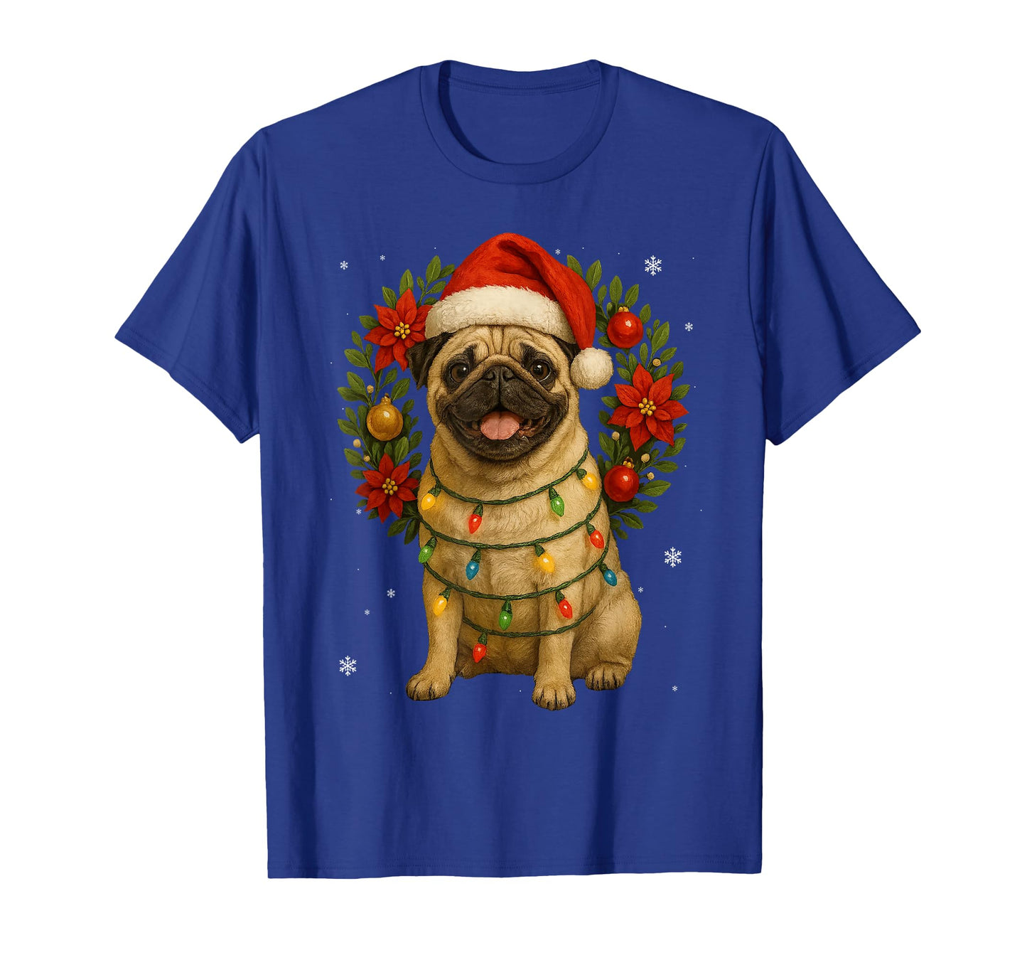 Cute Pug Festive Dog Lights Christmas Wreath Xmas Holidays T-Shirt