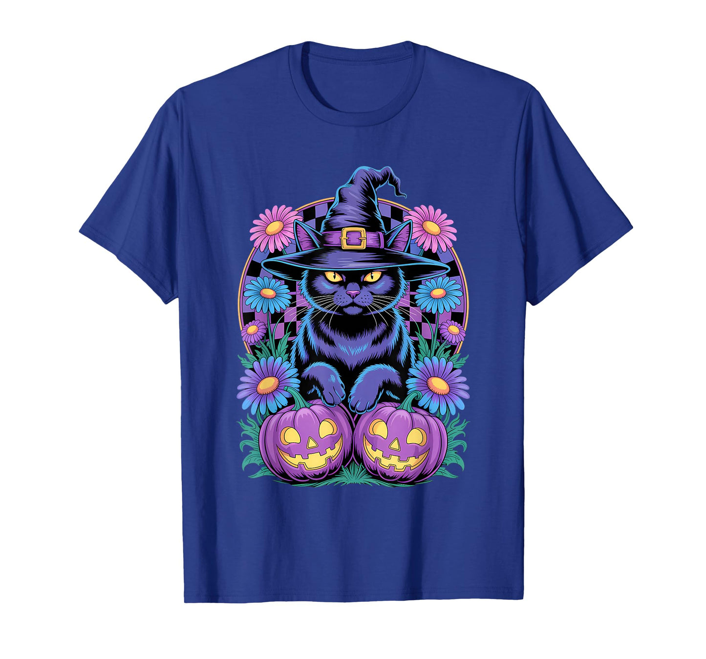 Retro Floral Checkered and Witch Cat with Pumpkins Halloween T-Shirt