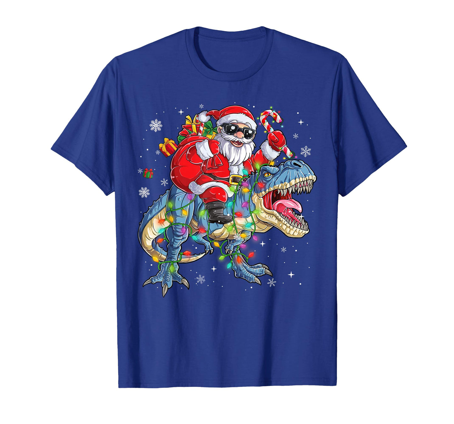 Christmas Santa Riding Dinosaur Funny Xmas Lights T-Shirt