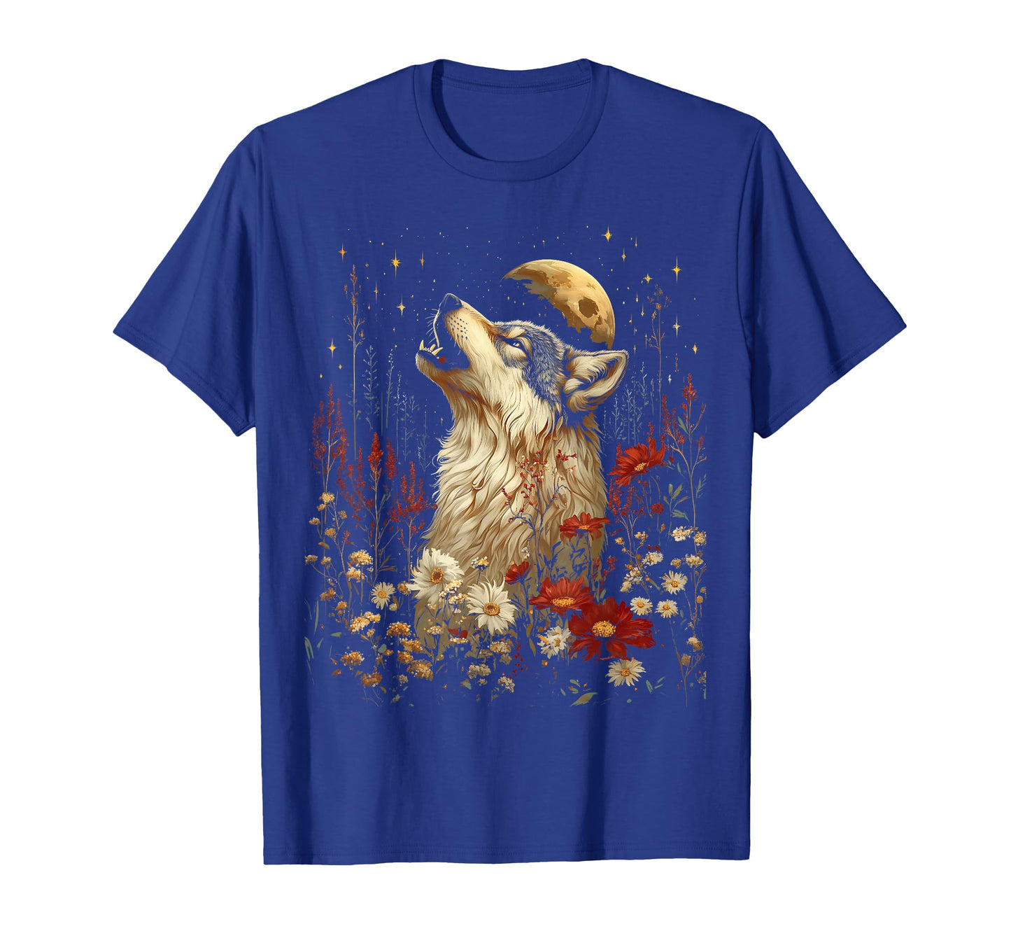 Boho Wolf Howling at the Moon Floral Mystical Graphic Women T-Shirt