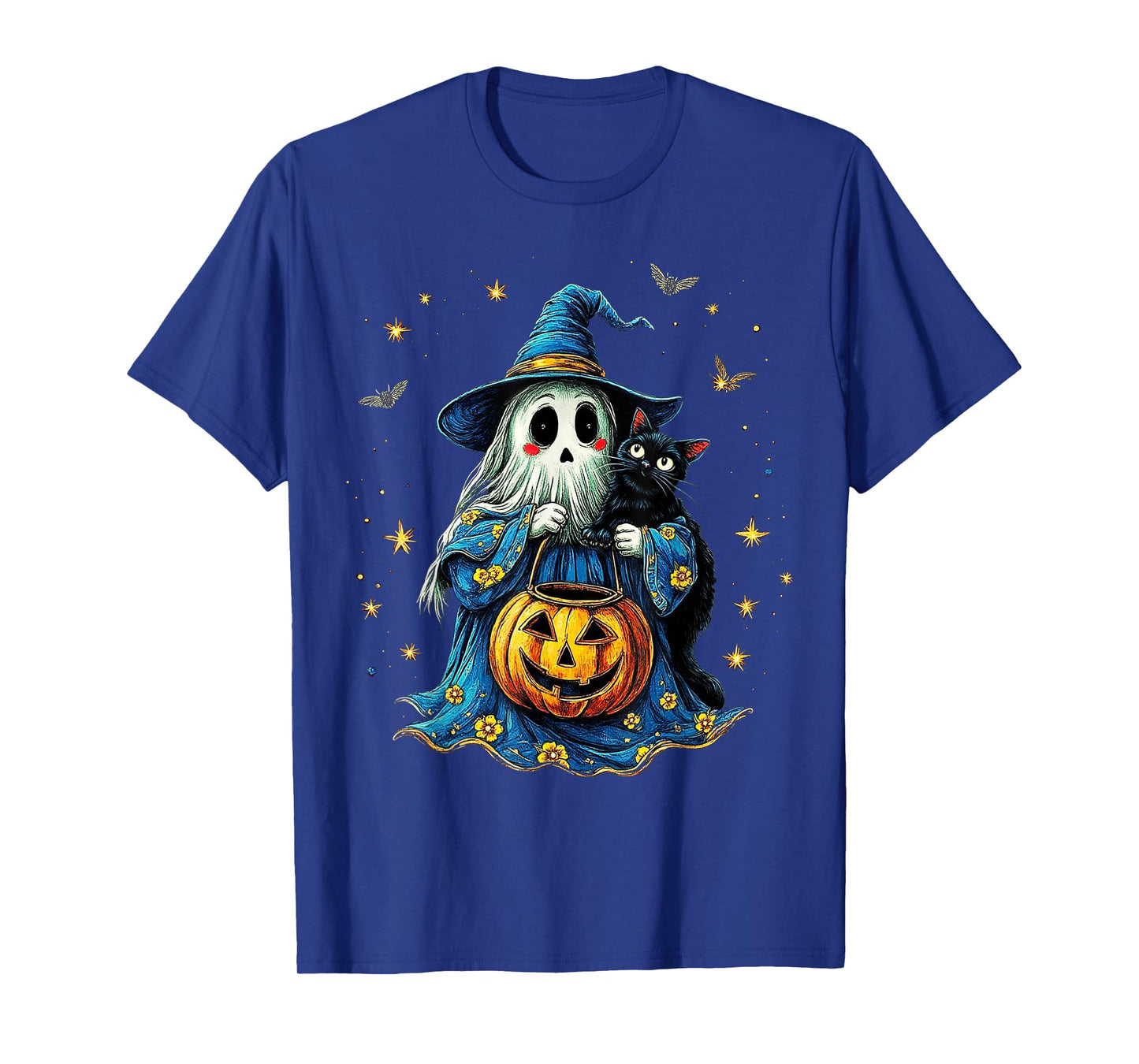 Ghost Holding Black Cat Lover Halloween 2025 Groovy Floral T-Shirt