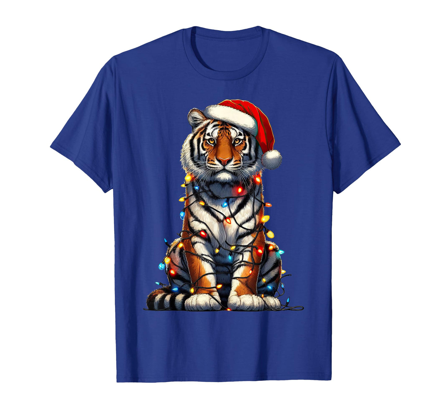 Tiger Christmas Lights Funny Santa Hat Merry Xmas T-Shirt