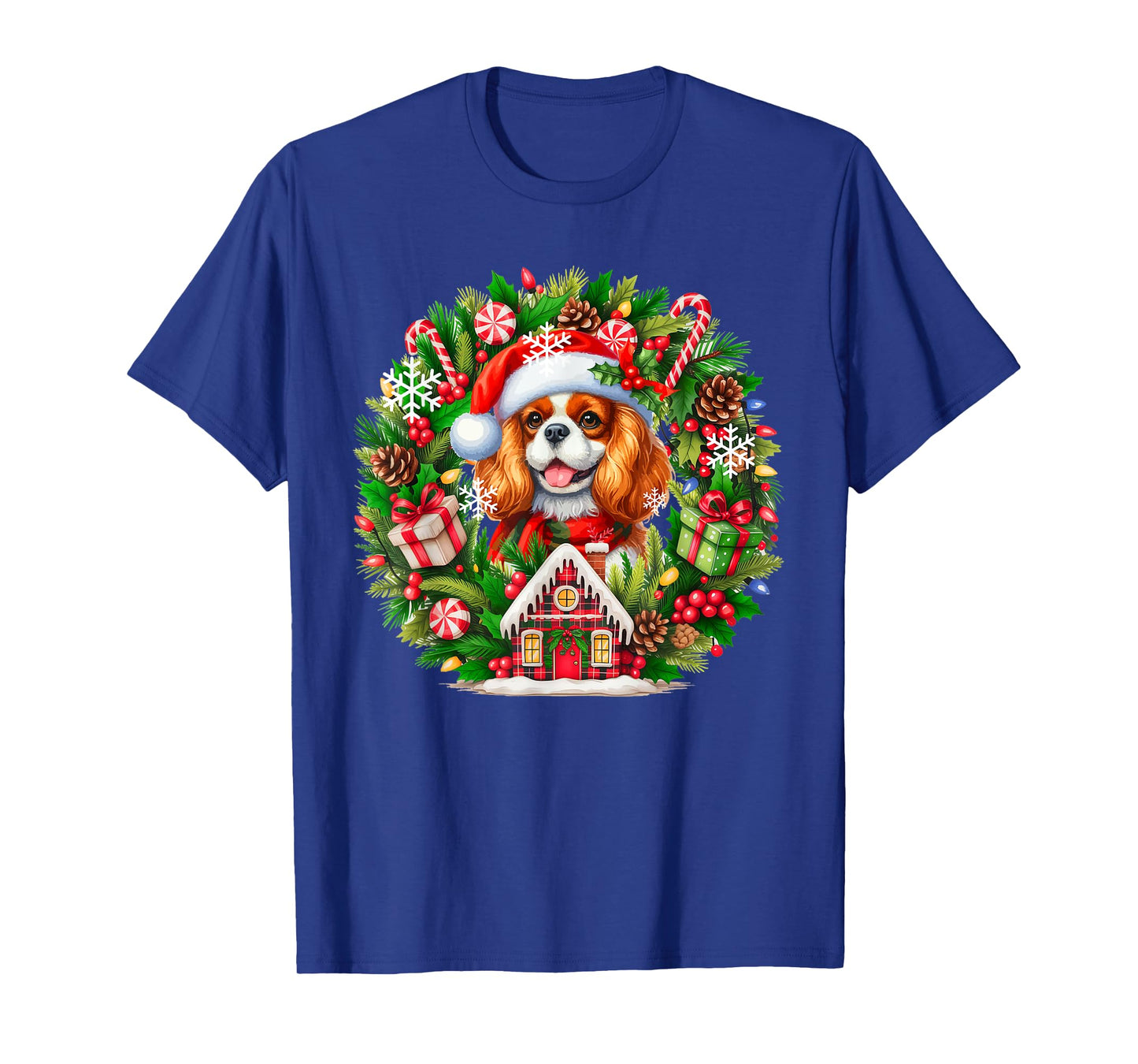 Santa Cavalier King Charles Spaniel Christmas Floral Circle T-Shirt