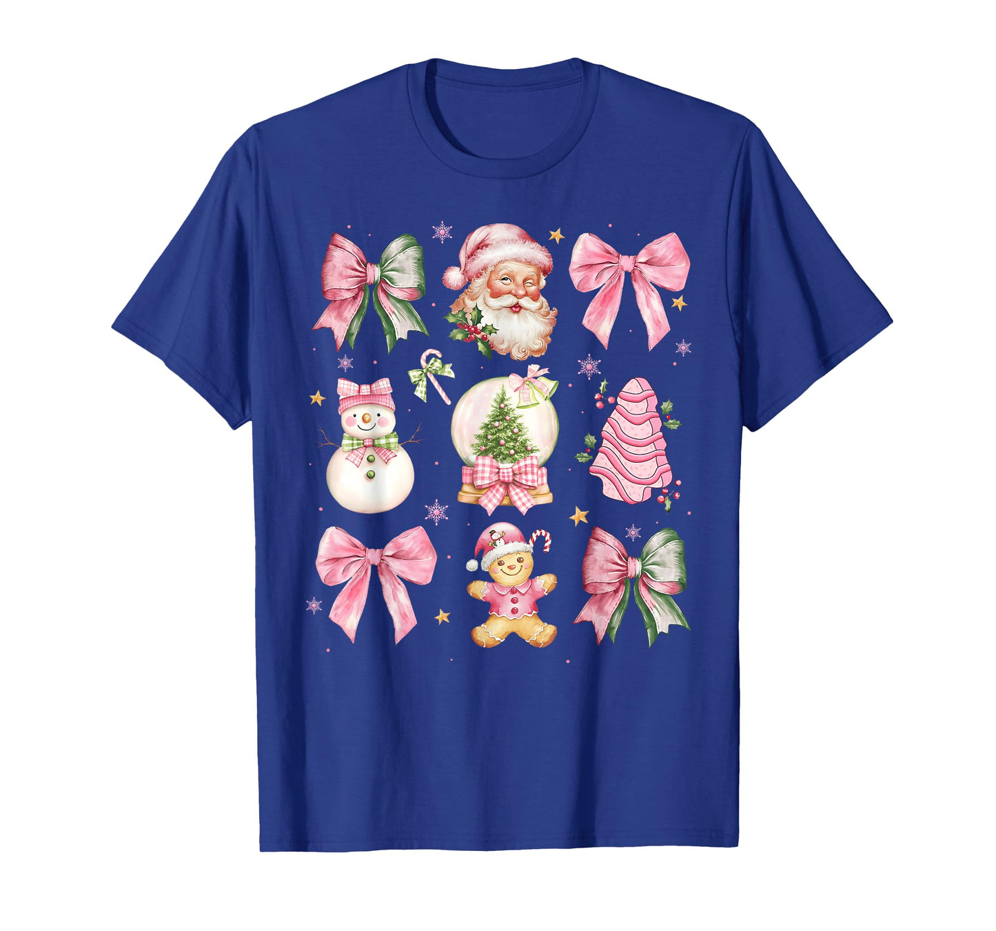 Retro Coquette Bow Pink Christmas Tree Snowman Xmas Pajamas T-Shirt